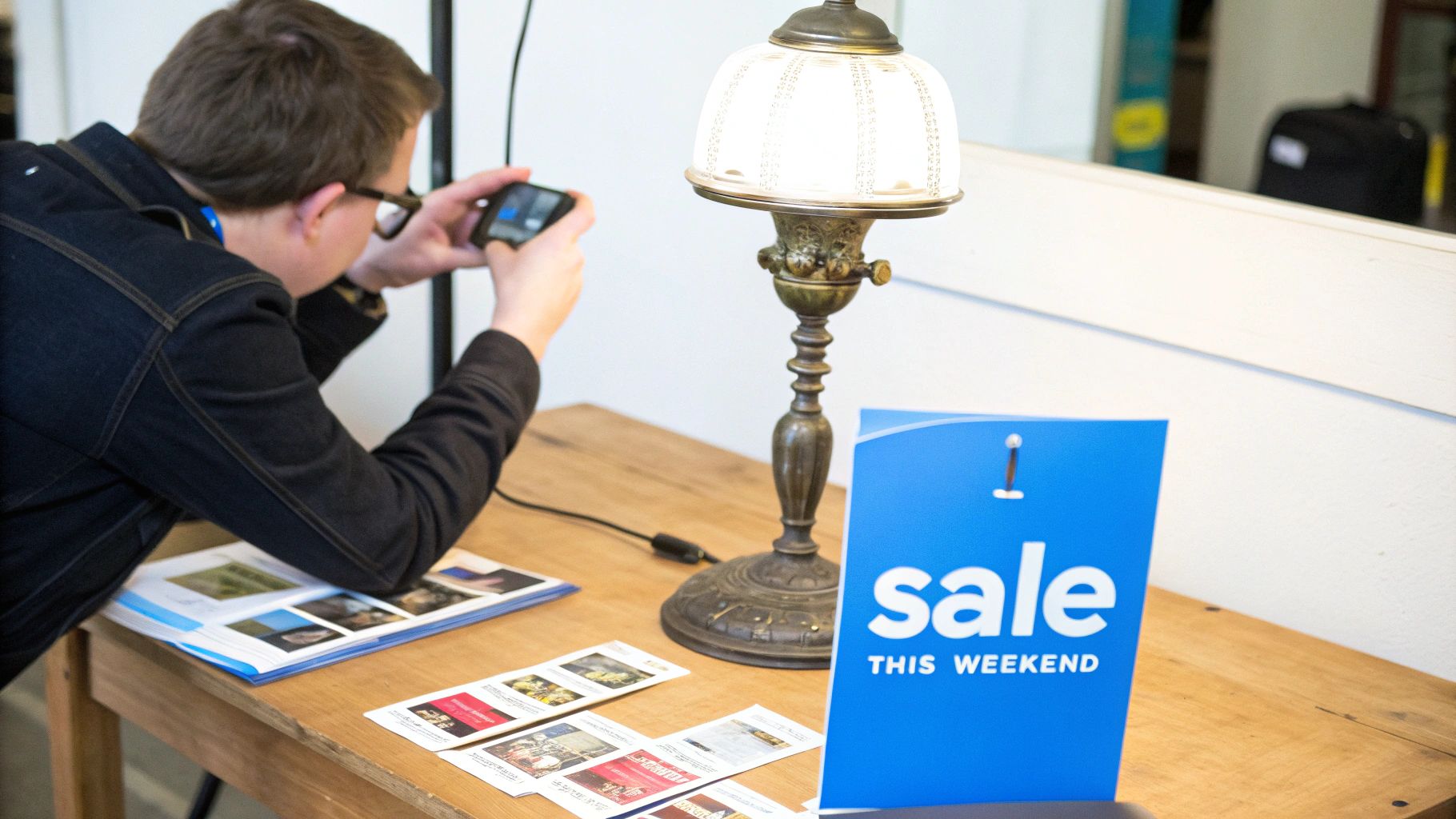 A person taking a high-quality photo of a vintage lamp with a smartphone for an online estate sale listing.