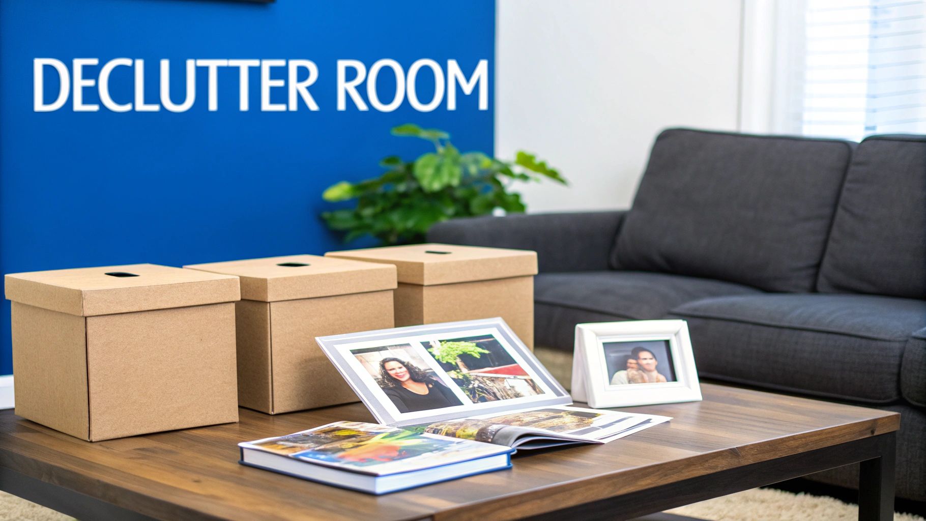 A declutter room with cardboard boxes, photo albums, and a sofa, ready for organizing.