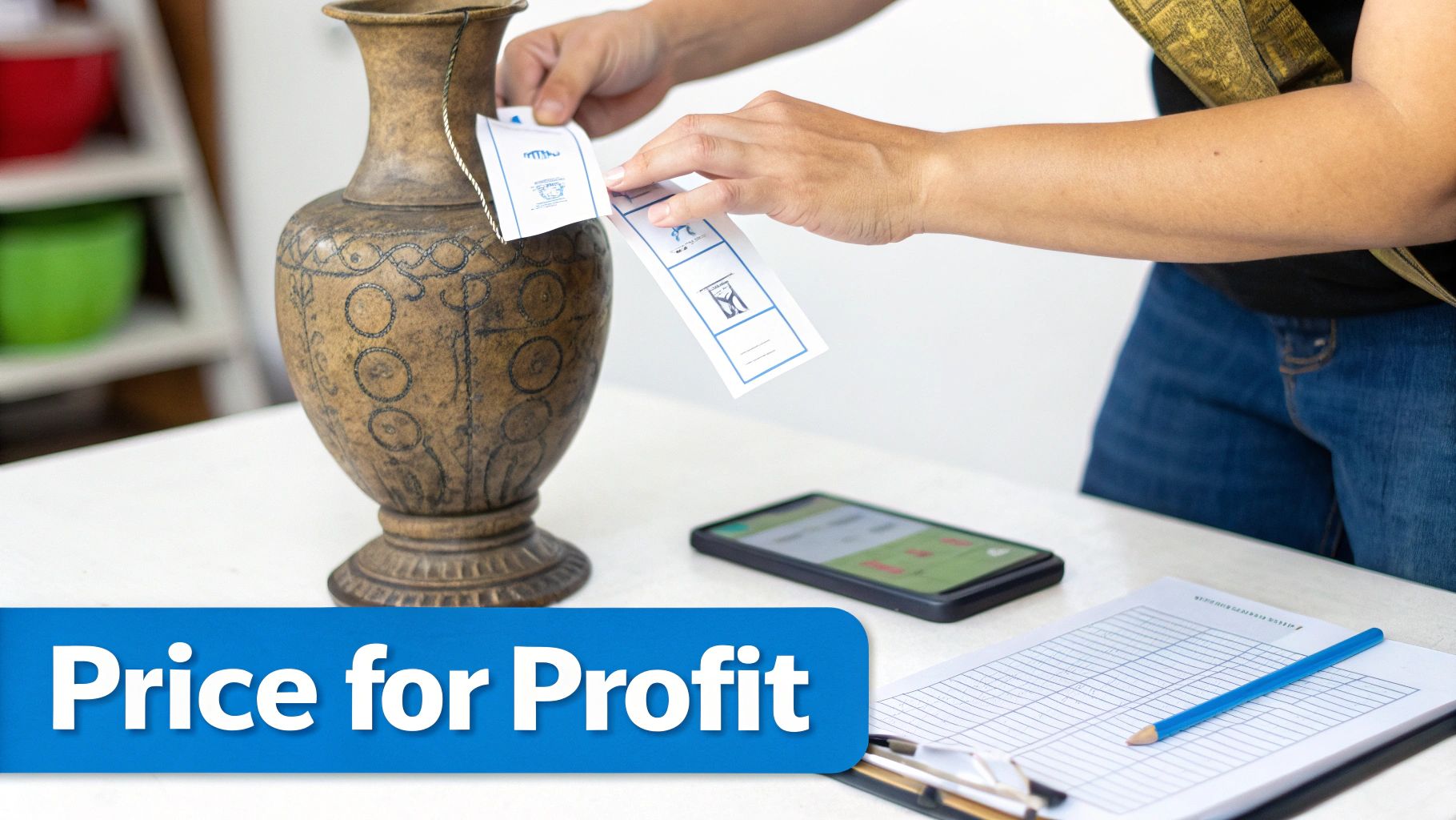 A person taking a photo of an antique vase for an online listing