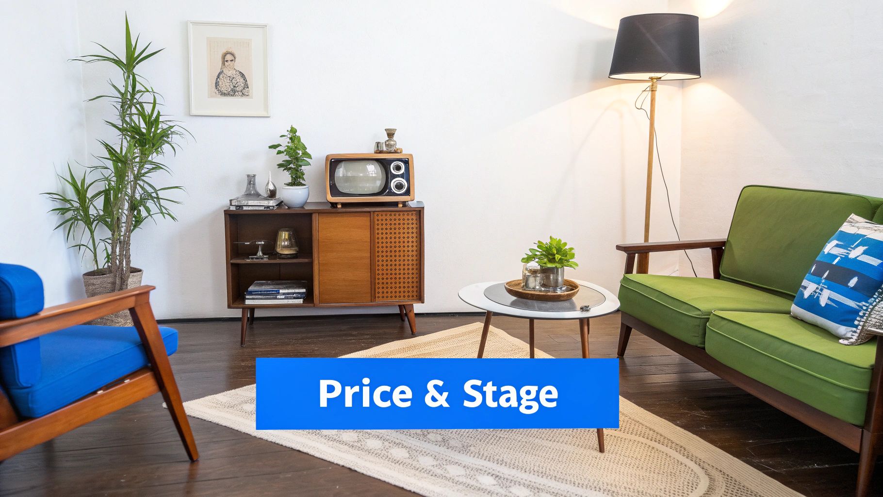 A vintage living room featuring a green sofa, blue armchair, mid-century modern cabinet, and a tall plant.