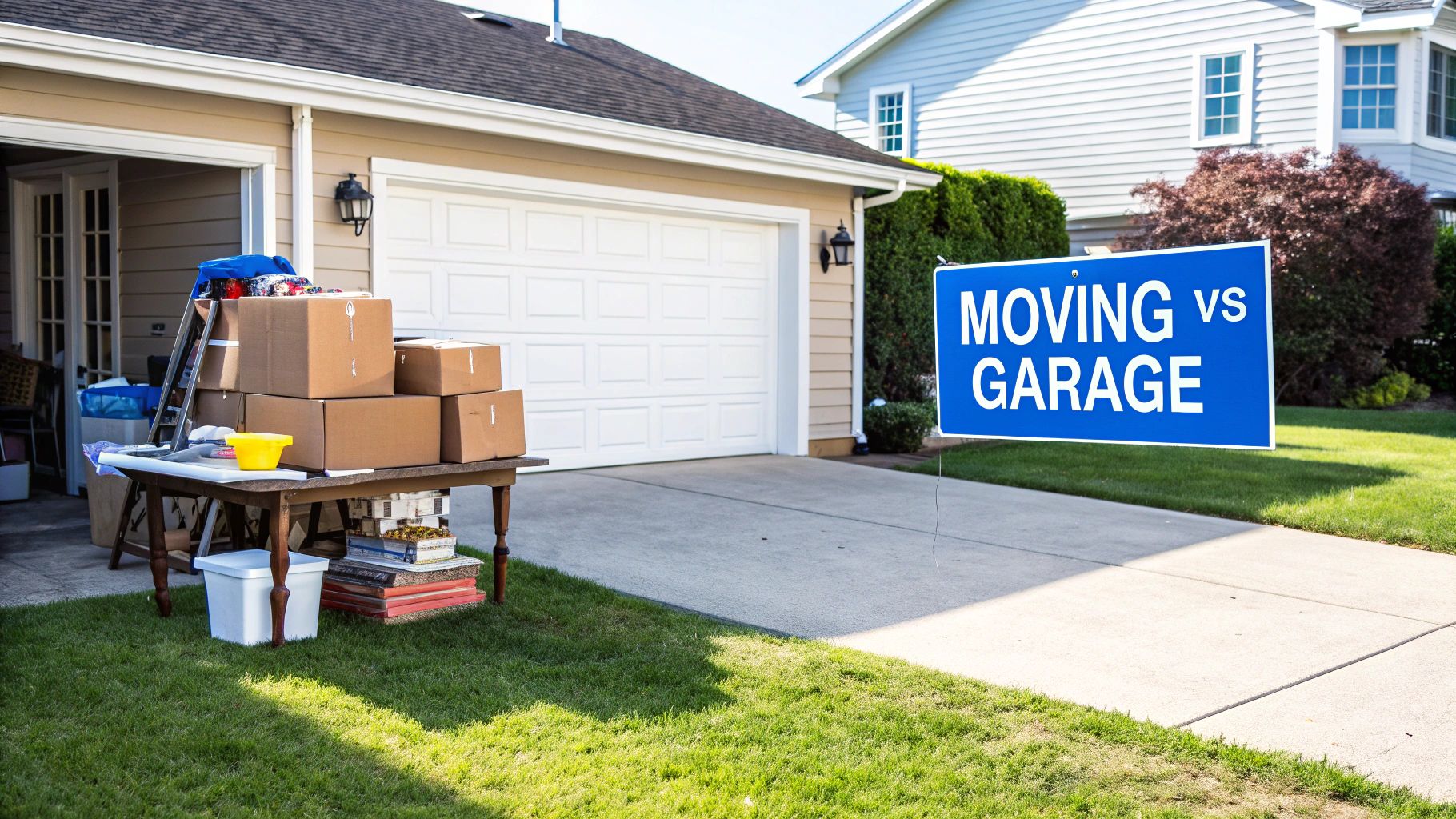 A well-organized moving sale set up in a garage with furniture and boxes.