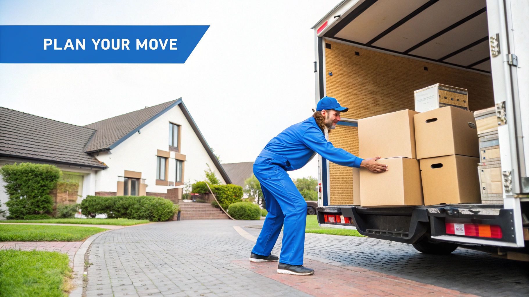 Two movers carefully carrying a large armchair down the stairs of a home, demonstrating the physical labor involved in the moving process.
