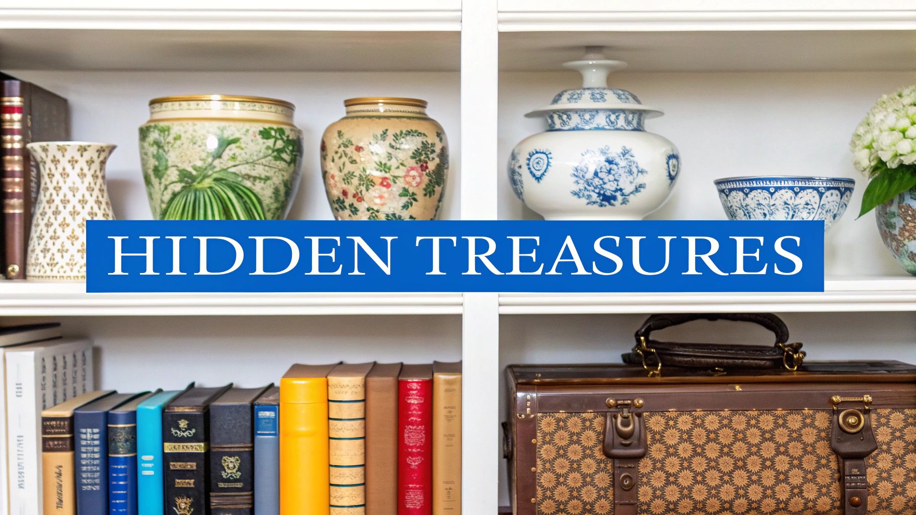 A close-up shot of a vintage camera and other unique collectibles neatly arranged for an estate sale ad photo.