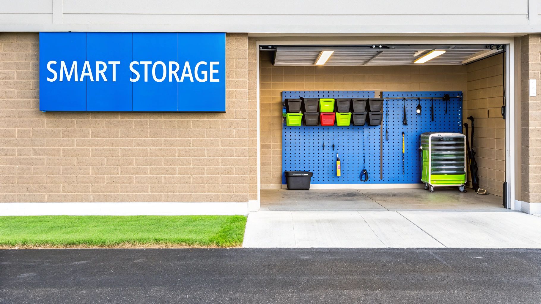 An organized garage with smart storage systems like shelving and wall mounts.