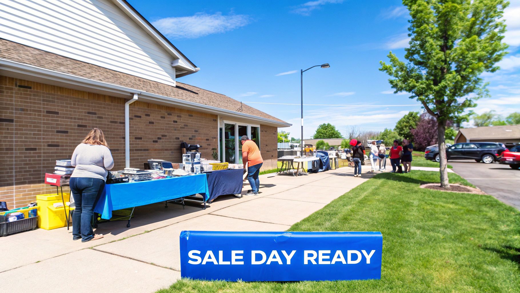 People browsing items at an outdoor estate sale with a 'SALE DAY READY' sign.