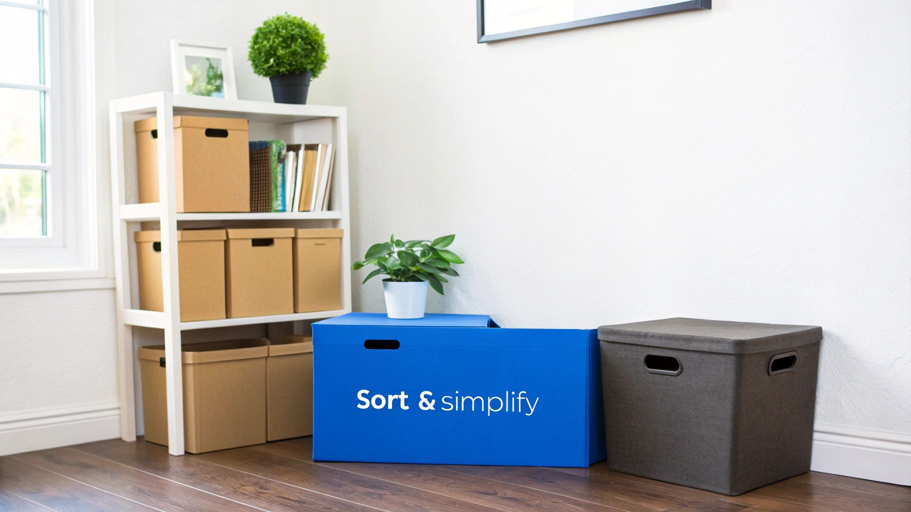 A person using the four-box method to sort items into labeled boxes for keeping, donating, selling, and trashing.