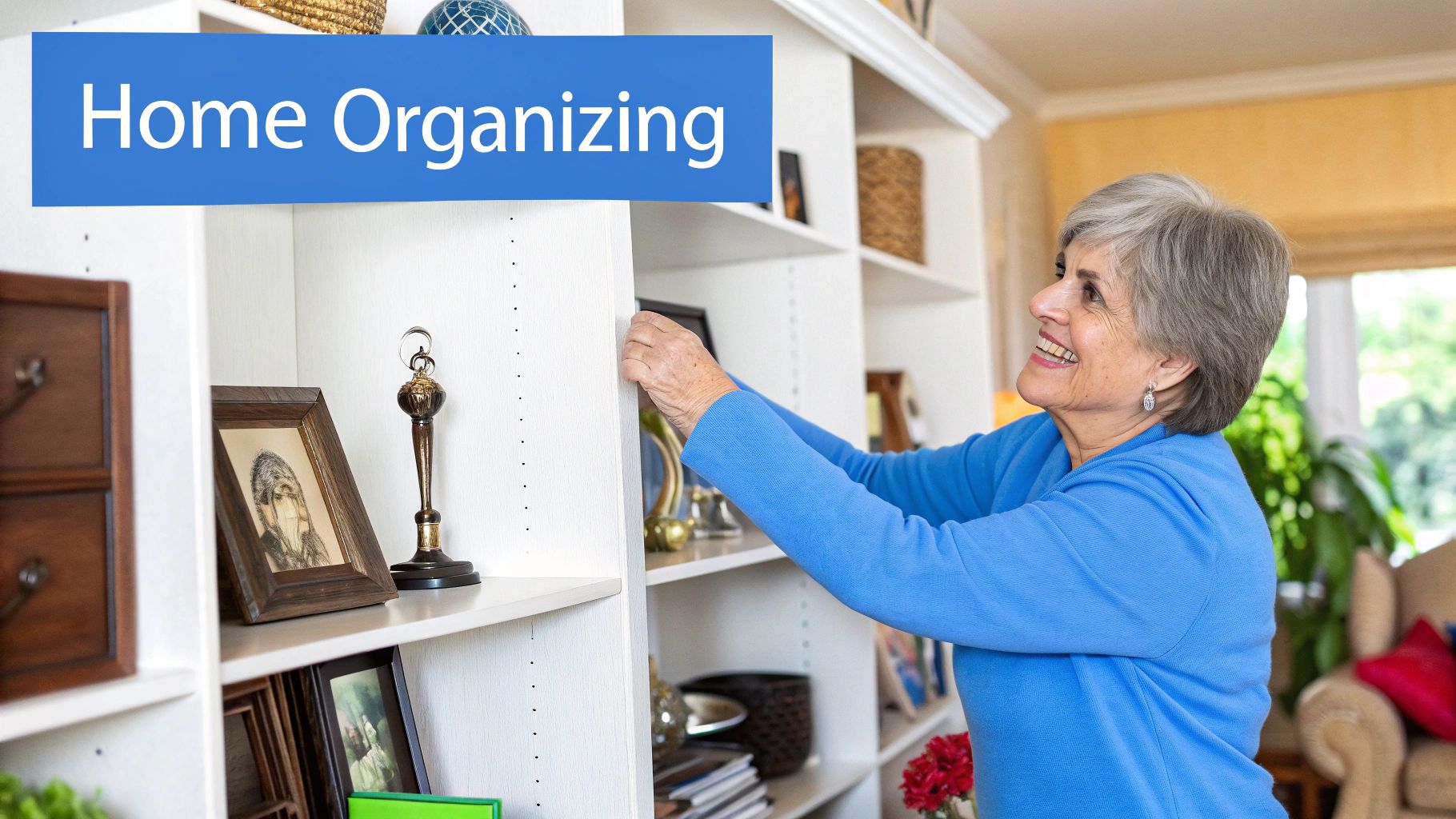 A professional organizer helping a senior sort through items in a cluttered room, creating a calm and orderly space.