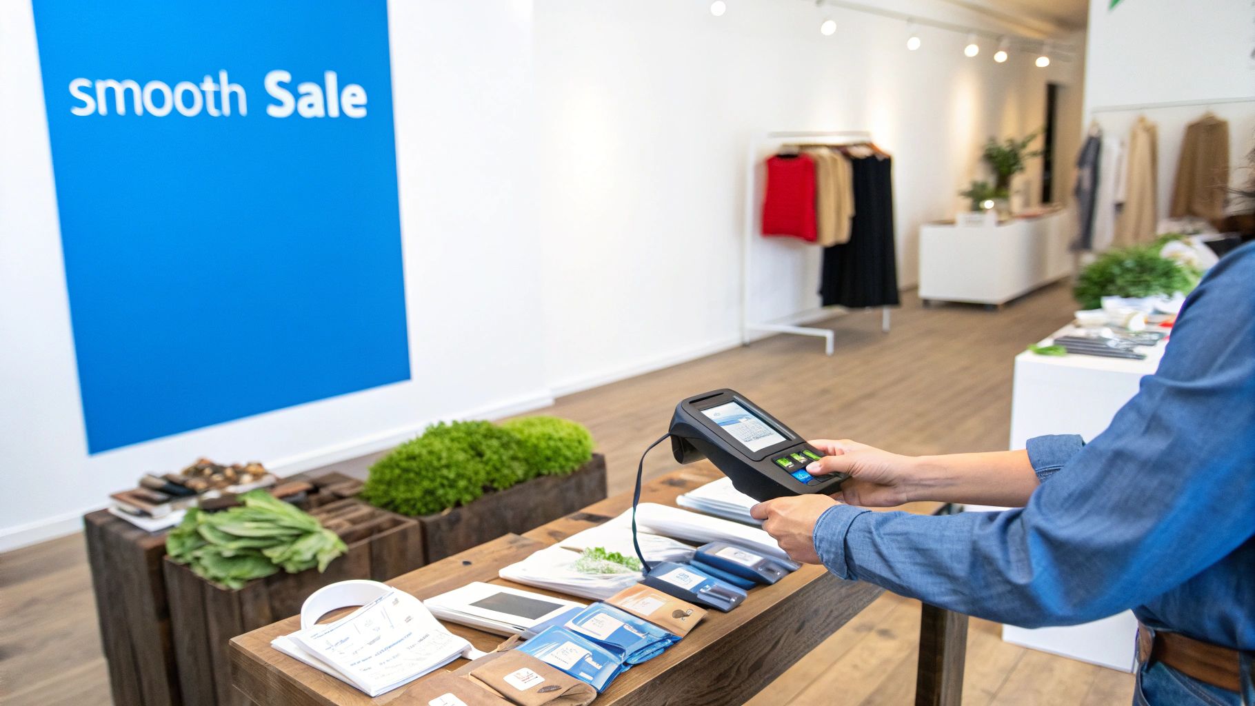 A person scans items with a handheld payment device in a bright, modern retail space.