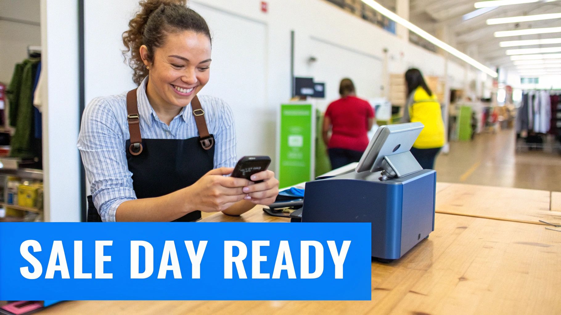 A smiling retail worker in an apron looks at her phone at a store checkout, ready for a sale day.