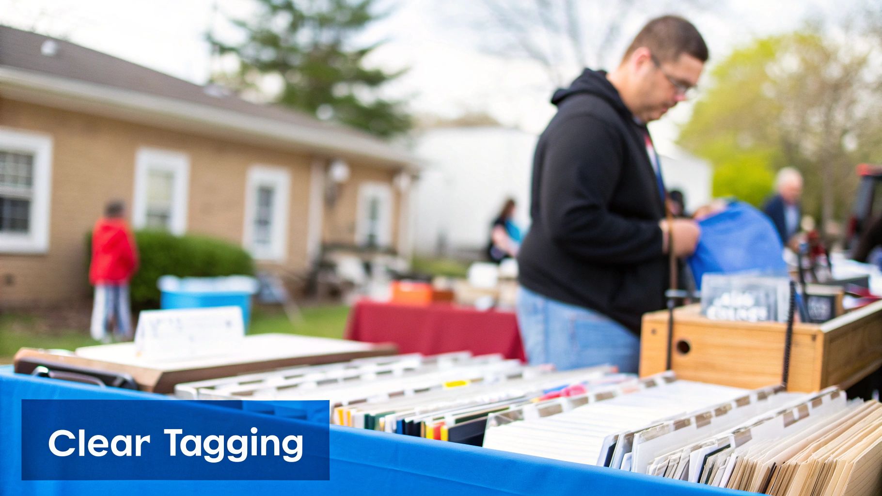 Customers browsing through records and various items on display at an outdoor estate sale.