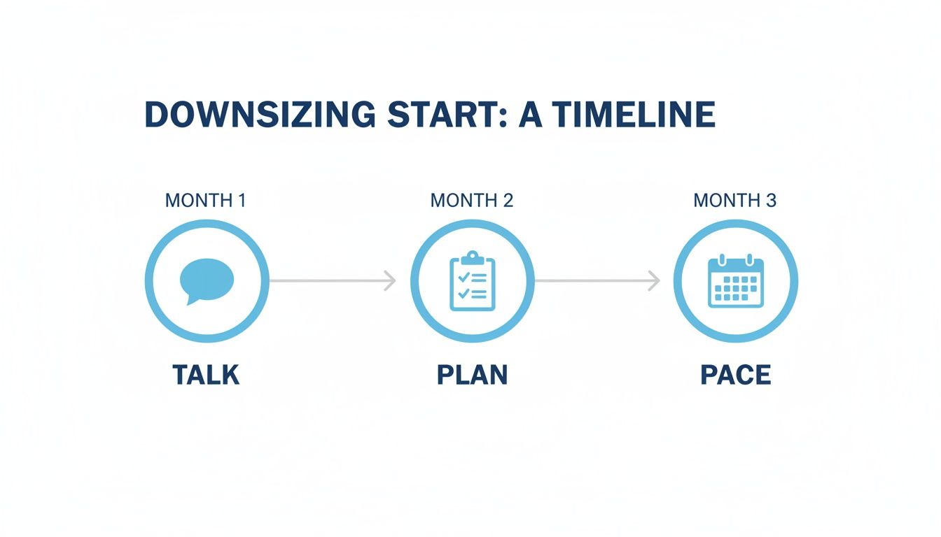 A 3-month timeline for downsizing showing Talk, Plan, and Pace stages with icons.