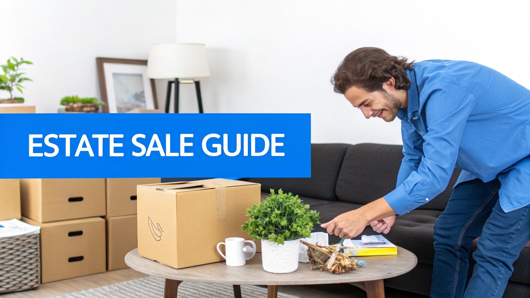 A smiling man organizes items on a coffee table in a room with moving boxes, overlayed with an "ESTATE SALE GUIDE" banner.