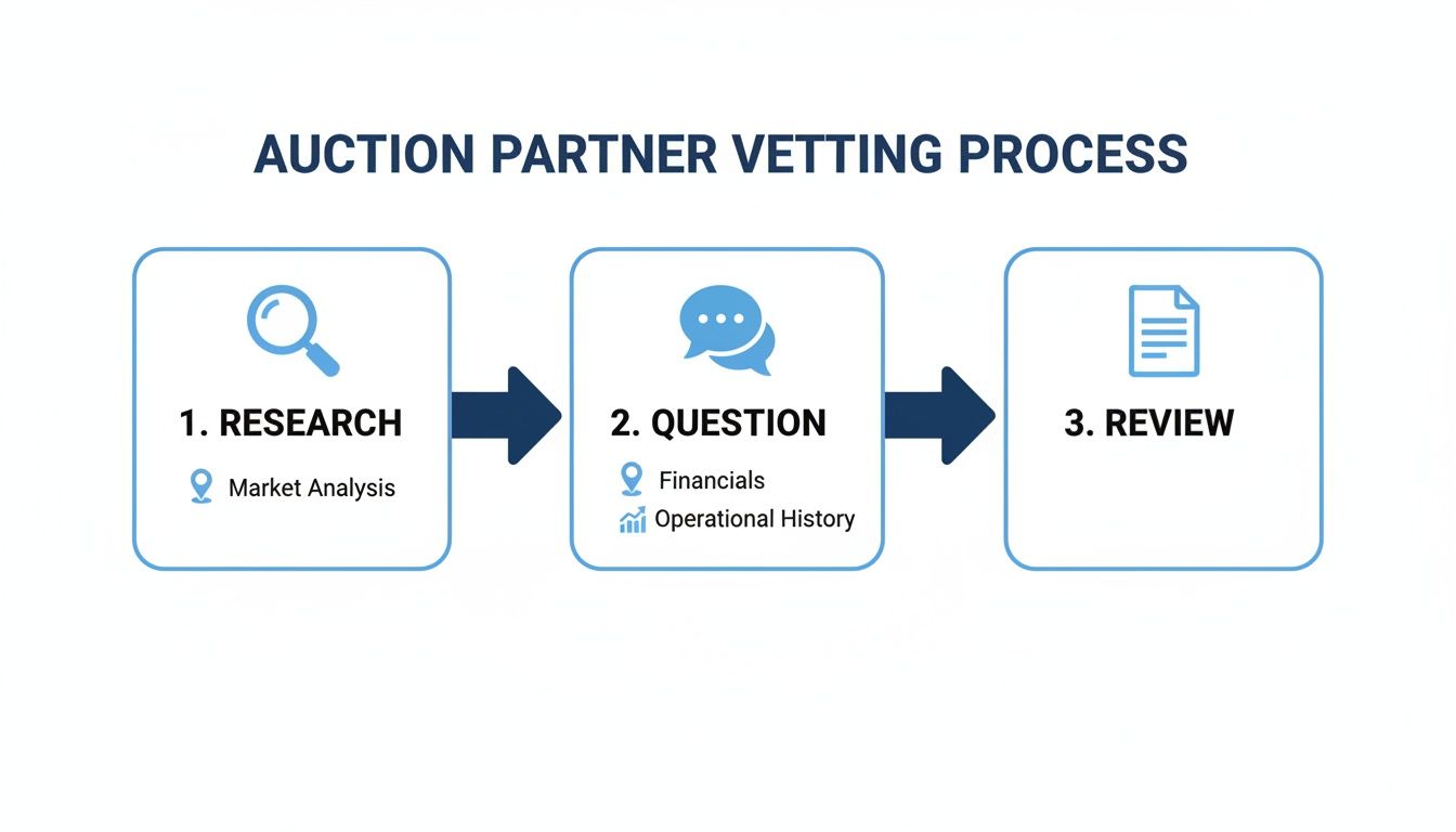 A three-step flowchart illustrating the auction partner vetting process, including research, questioning, and final review.