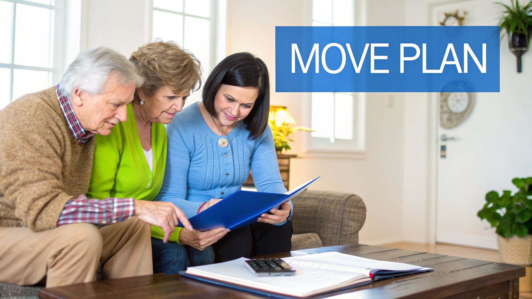 Three people, including two seniors, review a 'MOVE PLAN' document together, discussing important decisions.