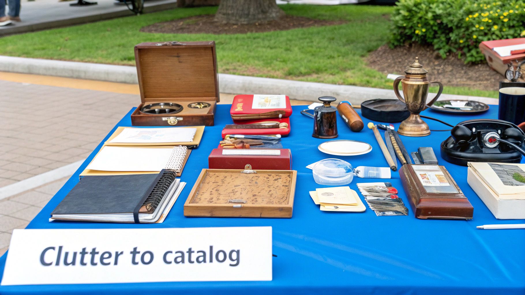A collection of antique items, including books, cameras, and a globe, neatly arranged for an estate sale.