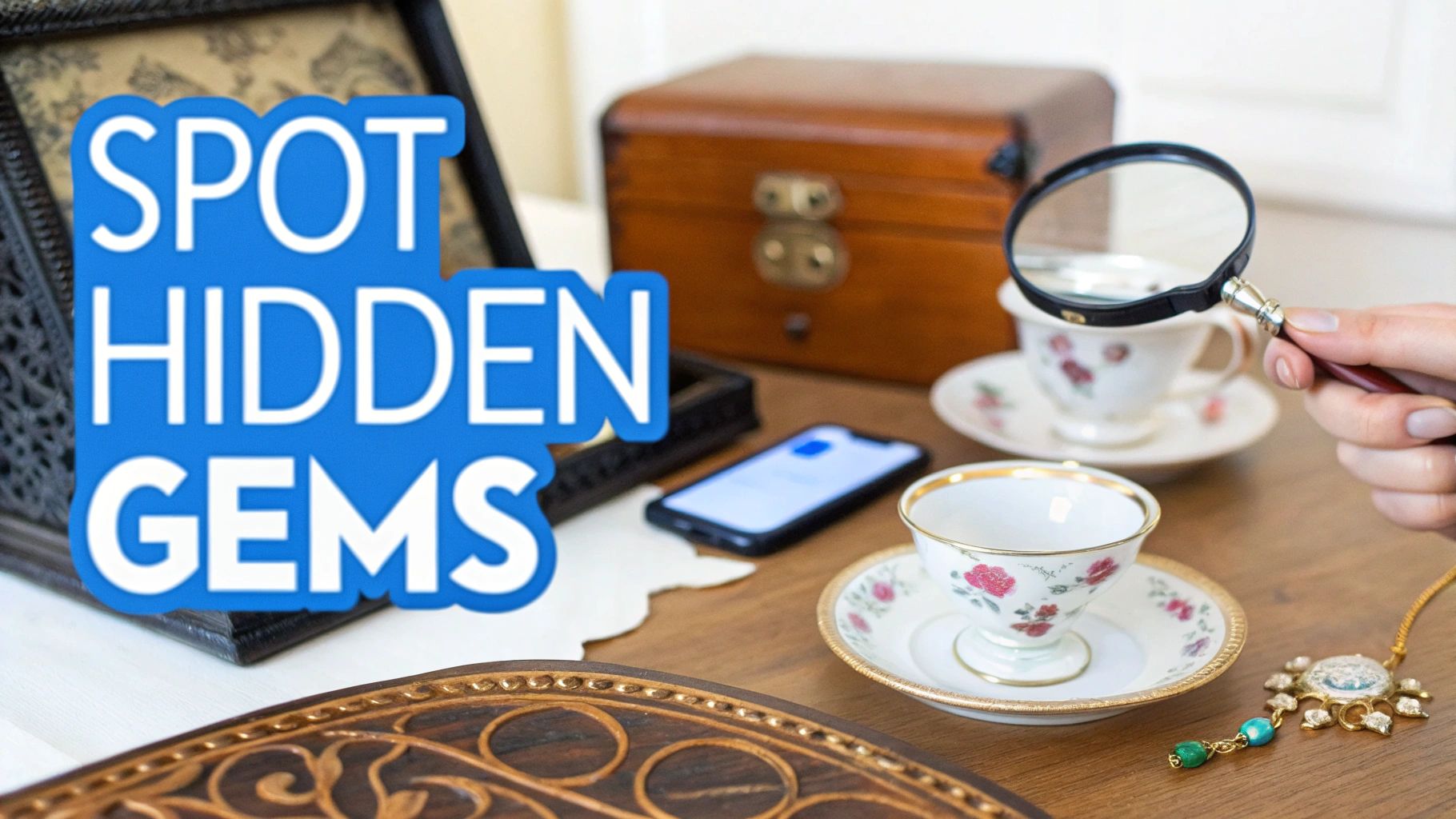 A person's hand uses a magnifying glass to inspect a teacup among other vintage items, with text 'Spot Hidden Gems'.