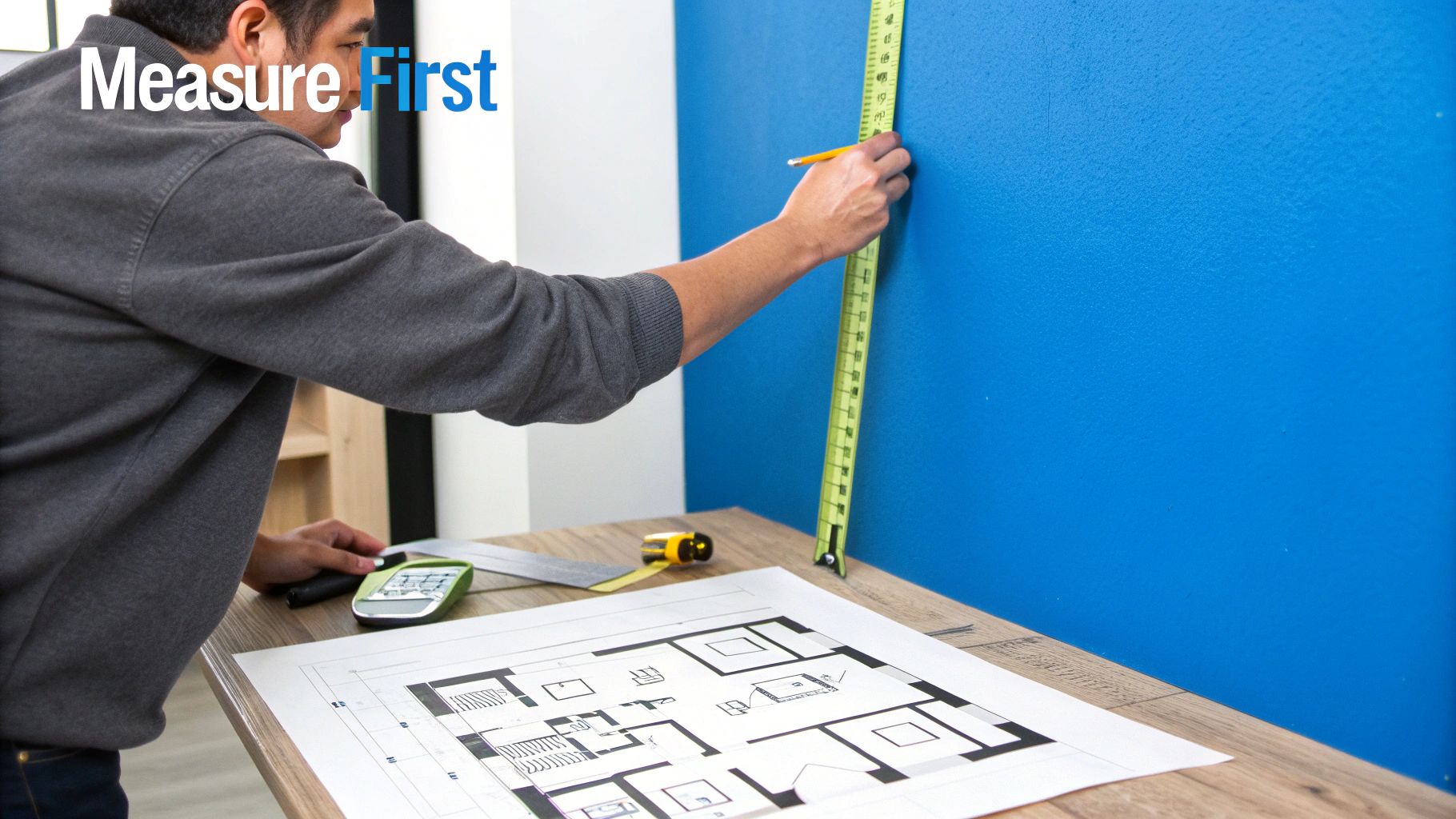 A person measuring a room with a tape measure to plan their downsizing strategy.