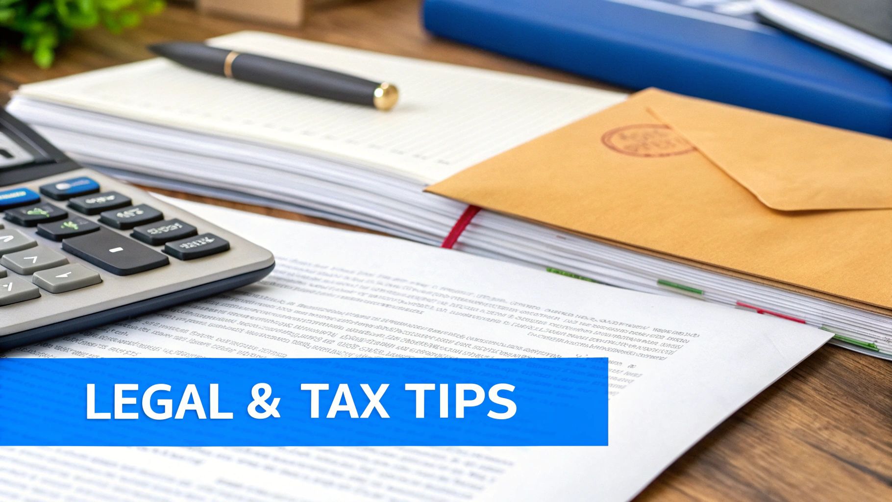 Legal and tax tips banner with calculator, documents, pen, and envelope on wooden desk