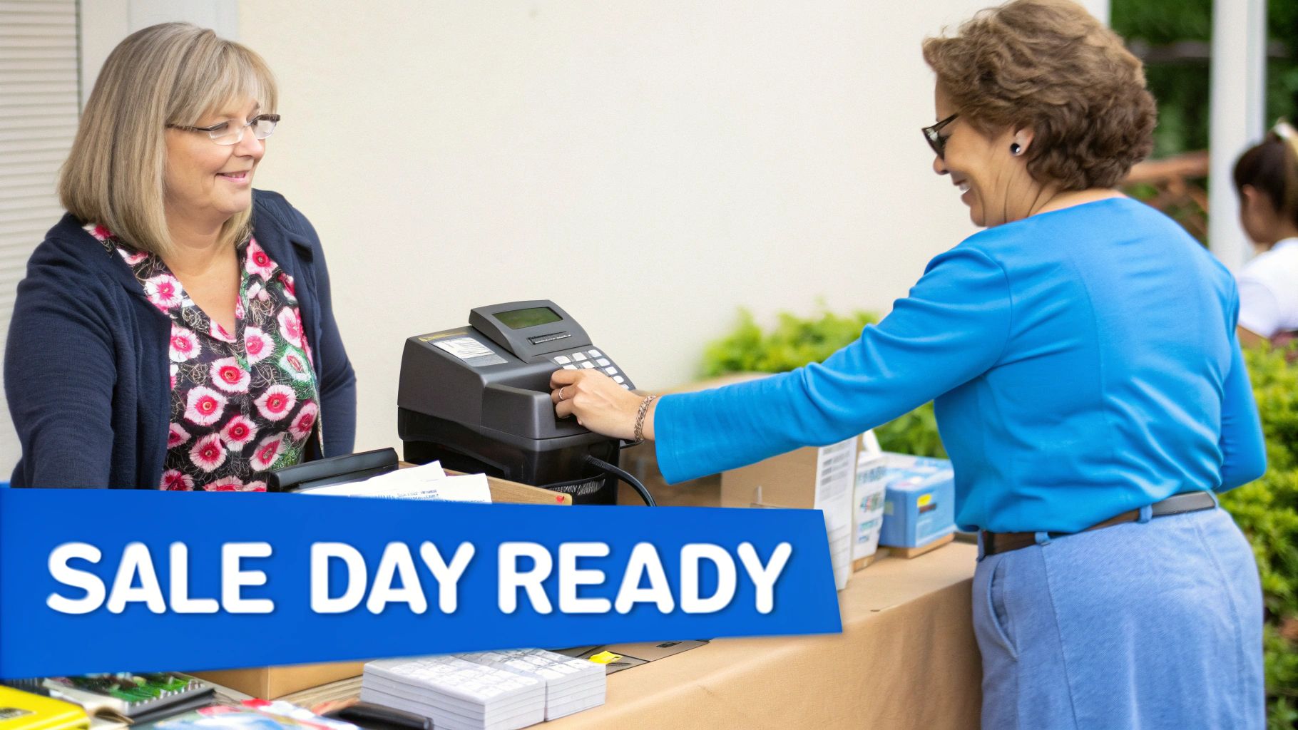 Two women at a sale, one smiling, the other operating a payment machine at a table.