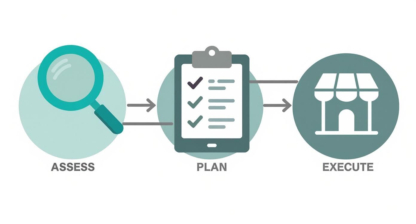 A three-step process diagram: Assess with a magnifying glass, Plan with a checklist, and Execute with a storefront icon.