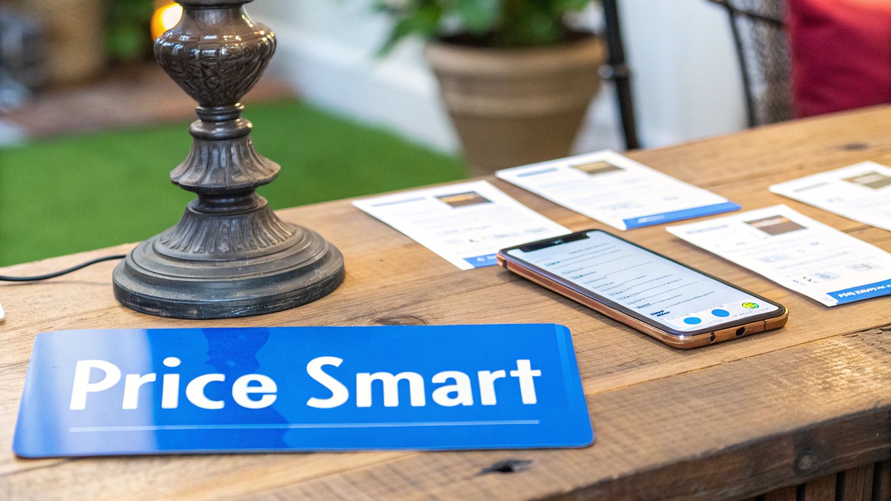 A 'Price Smart' sign, smartphone, lamp, and informational papers displayed on a rustic wooden table.