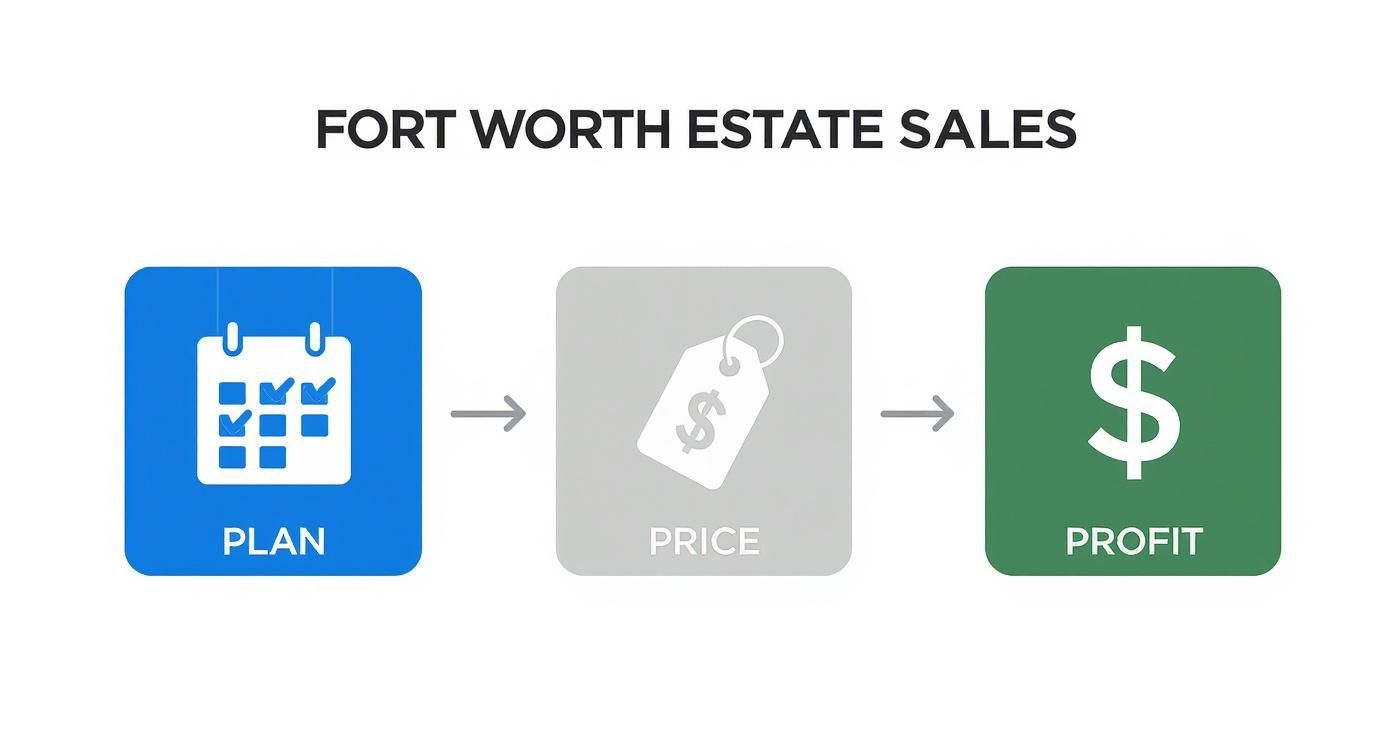 Process diagram showing plan, price, and profit for Fort Worth estate sales.