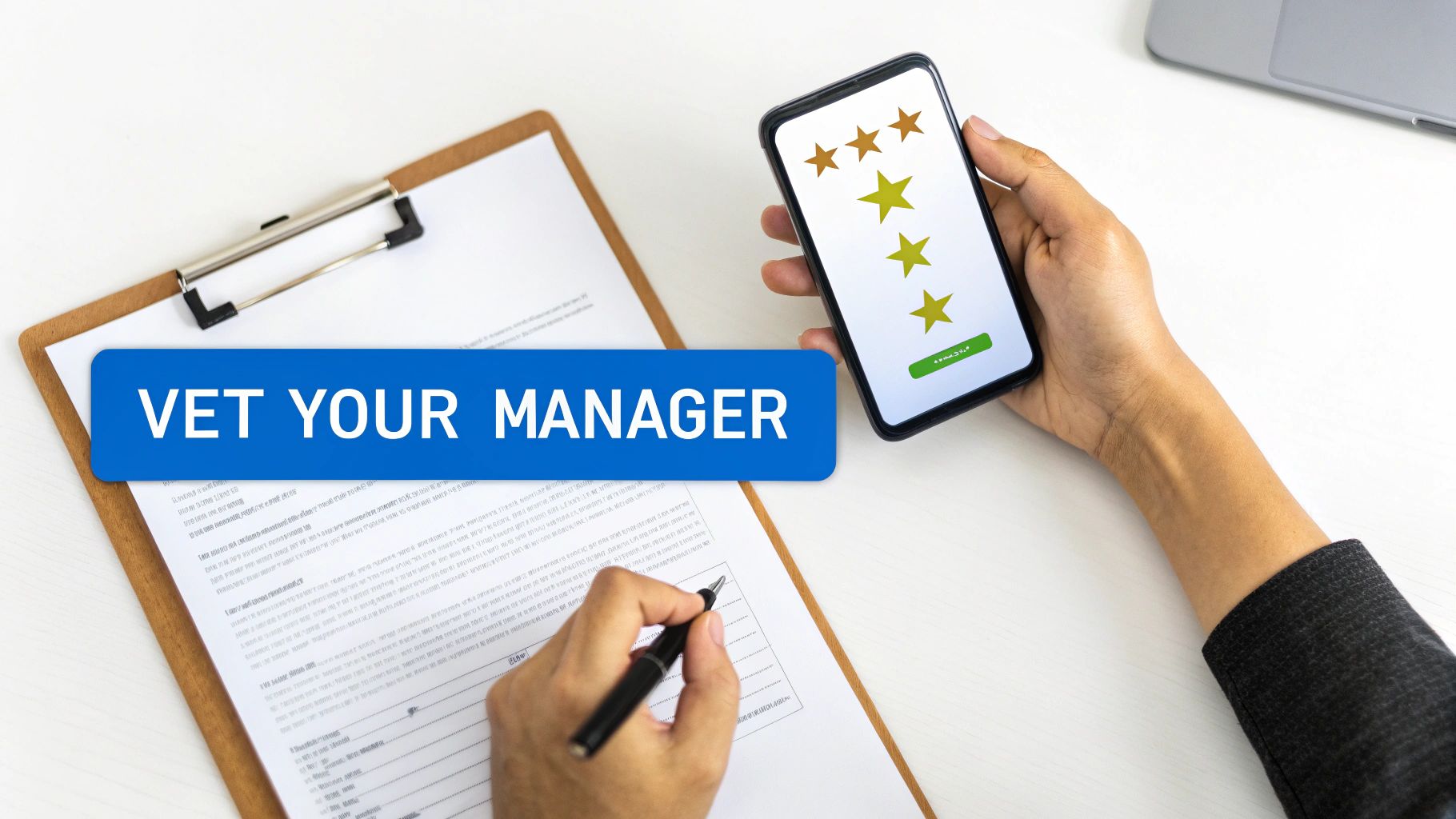 Person holding phone with star rating system while reviewing estate sale manager performance on clipboard