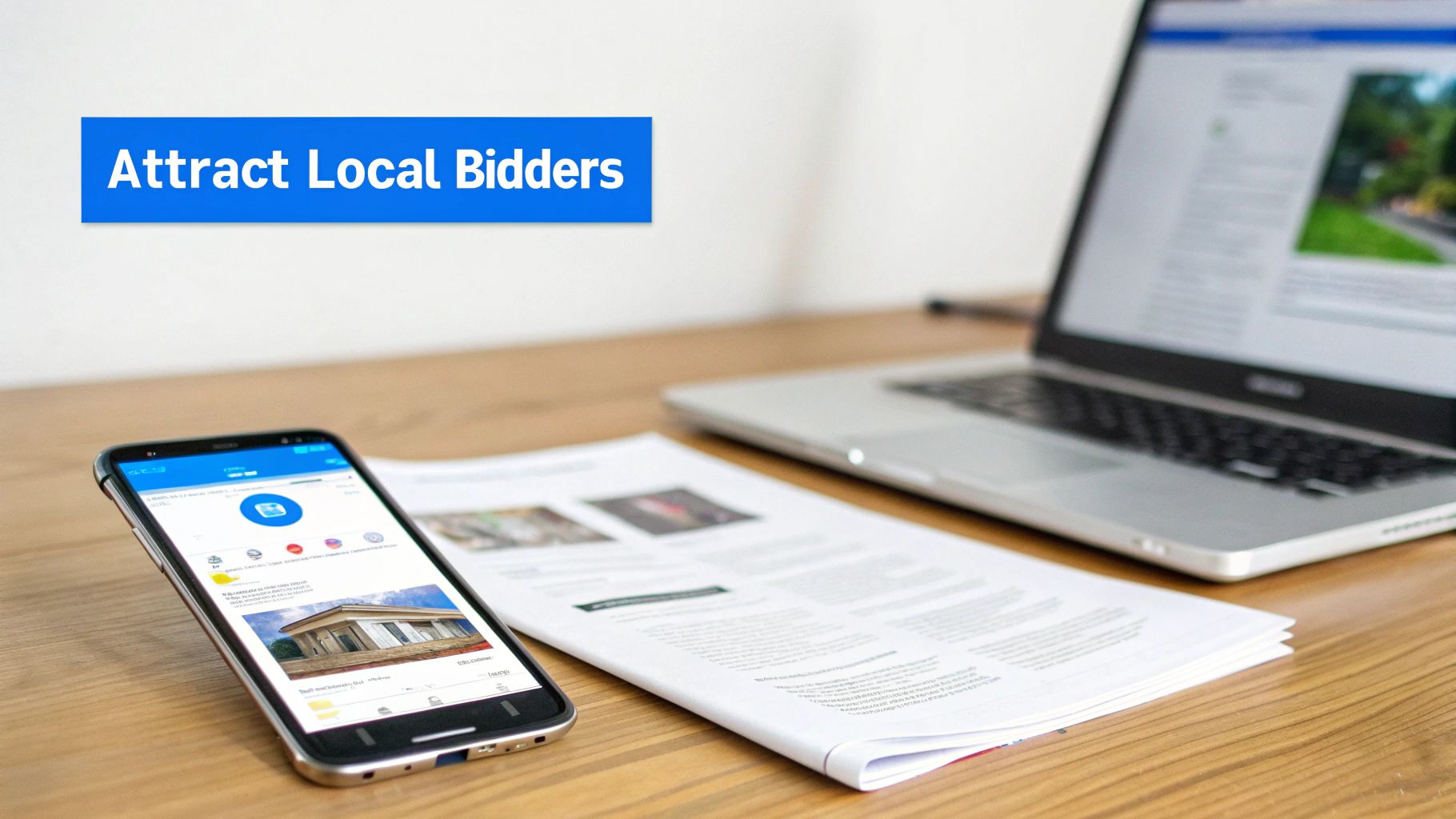 A smartphone and laptop on a wooden desk with a banner reading 'Attract Local Bidders'. Real estate content is visible on the phone.