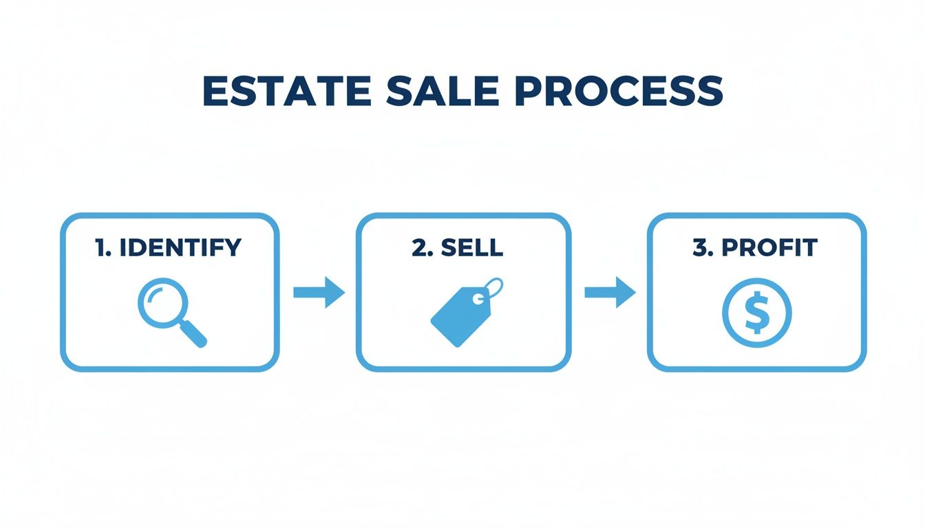 A flowchart illustrating the three-step estate sale process: identify, sell, and profit.