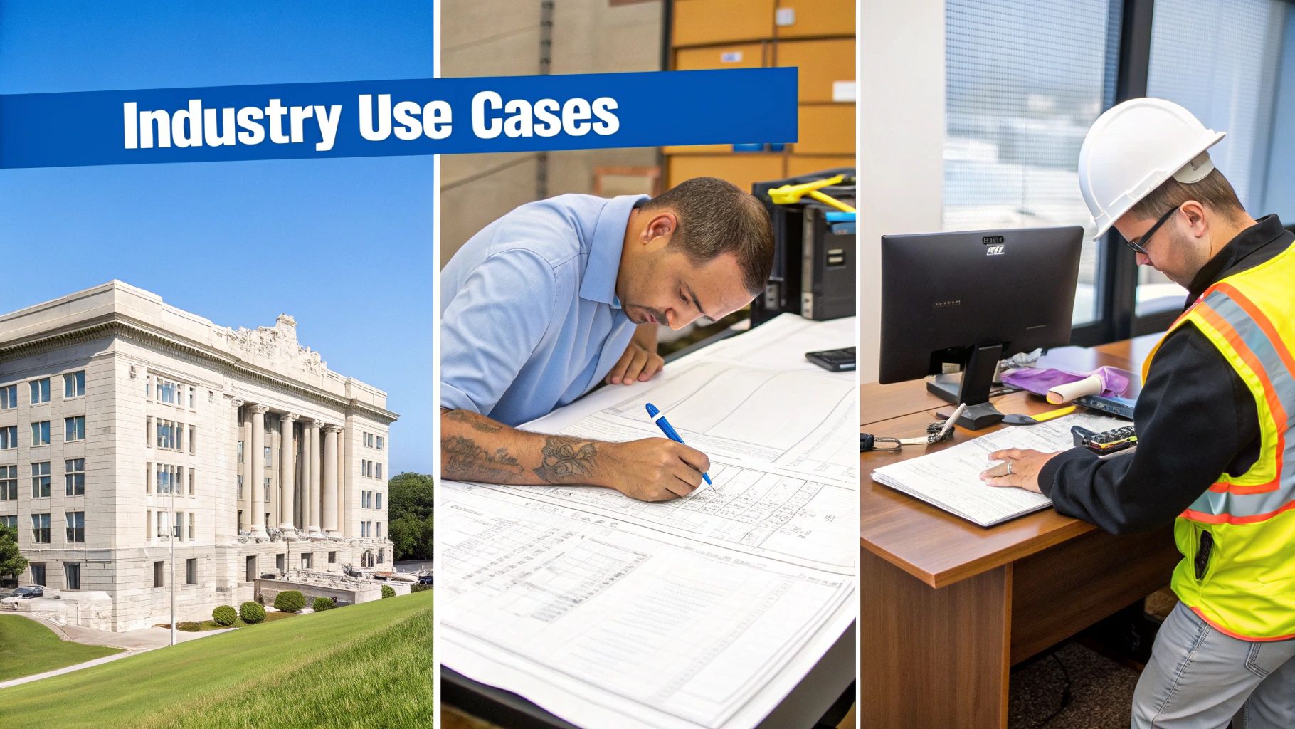Construction workers reviewing plans on a tablet