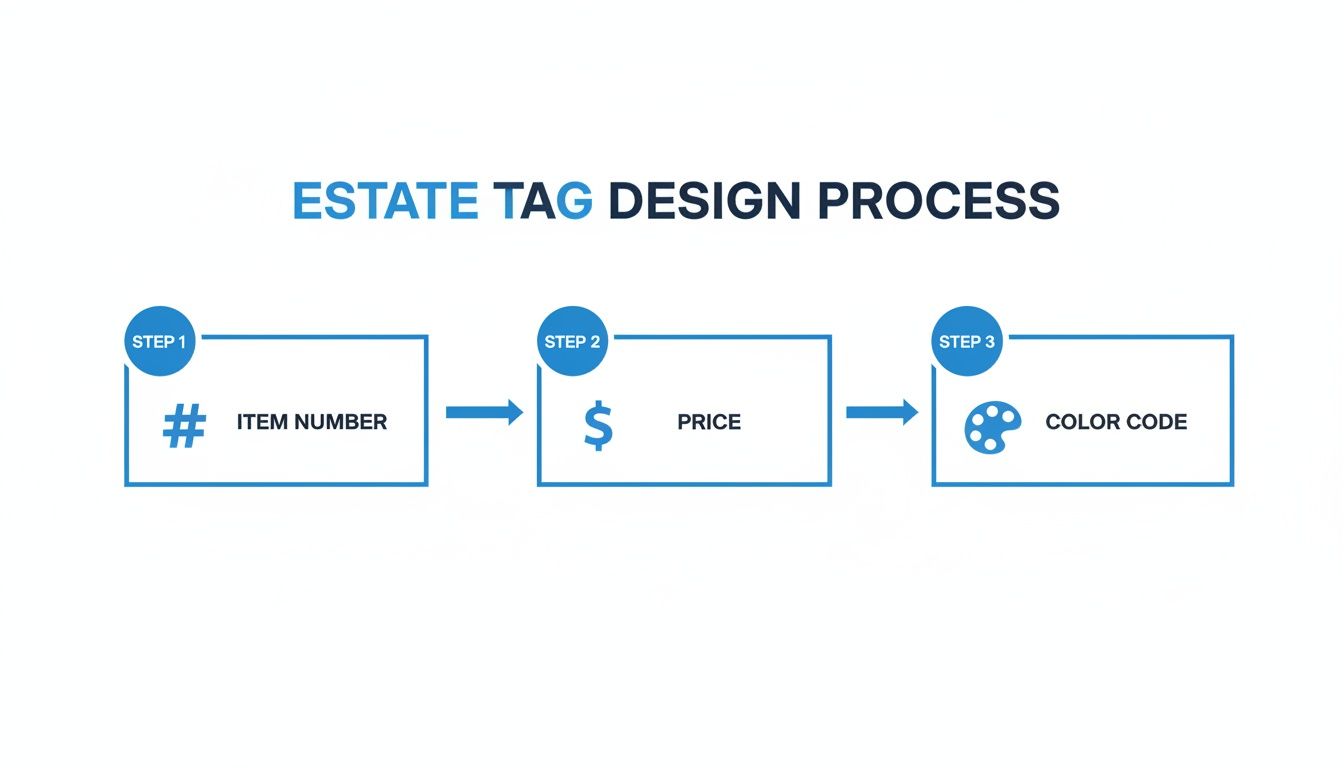 Diagram illustrating the three-step estate tag design process: item number, price, and color code.