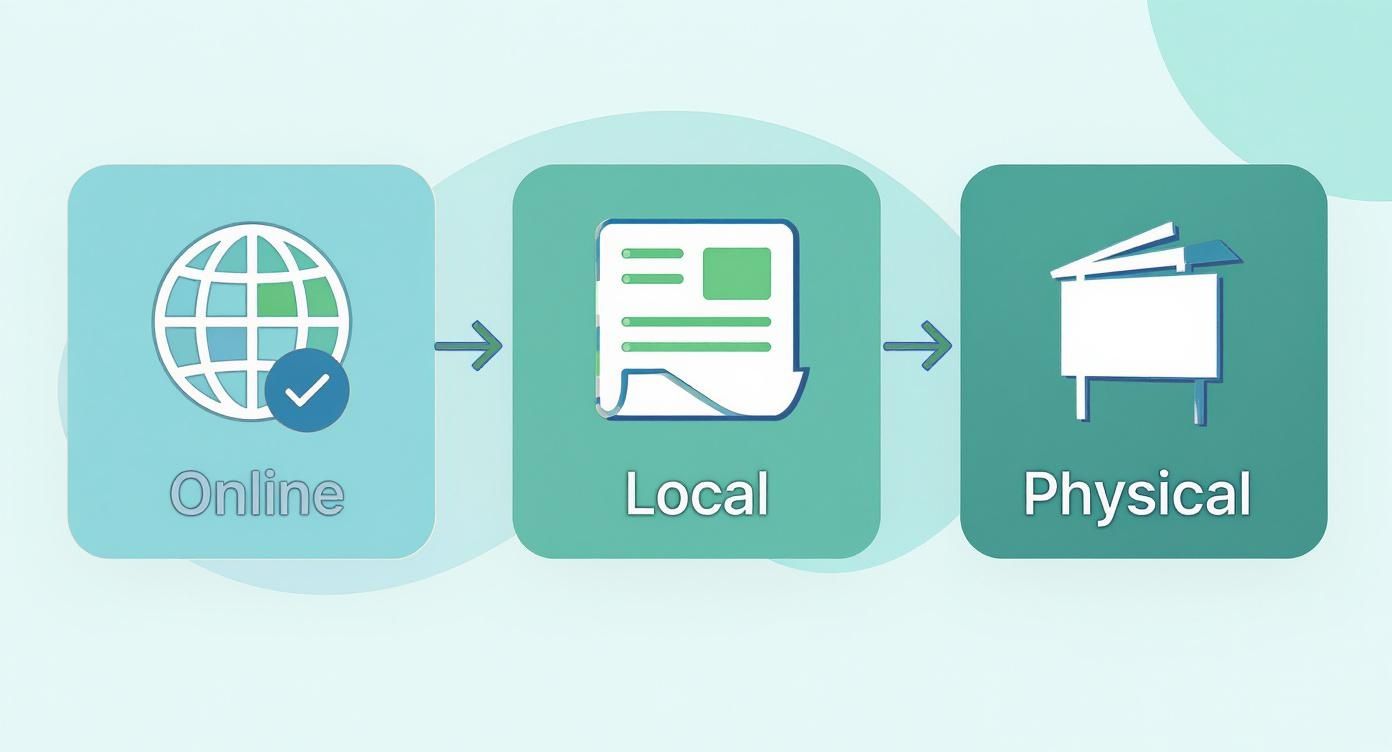 A three-step diagram showing the progression from Online to Local to Physical, with corresponding icons.