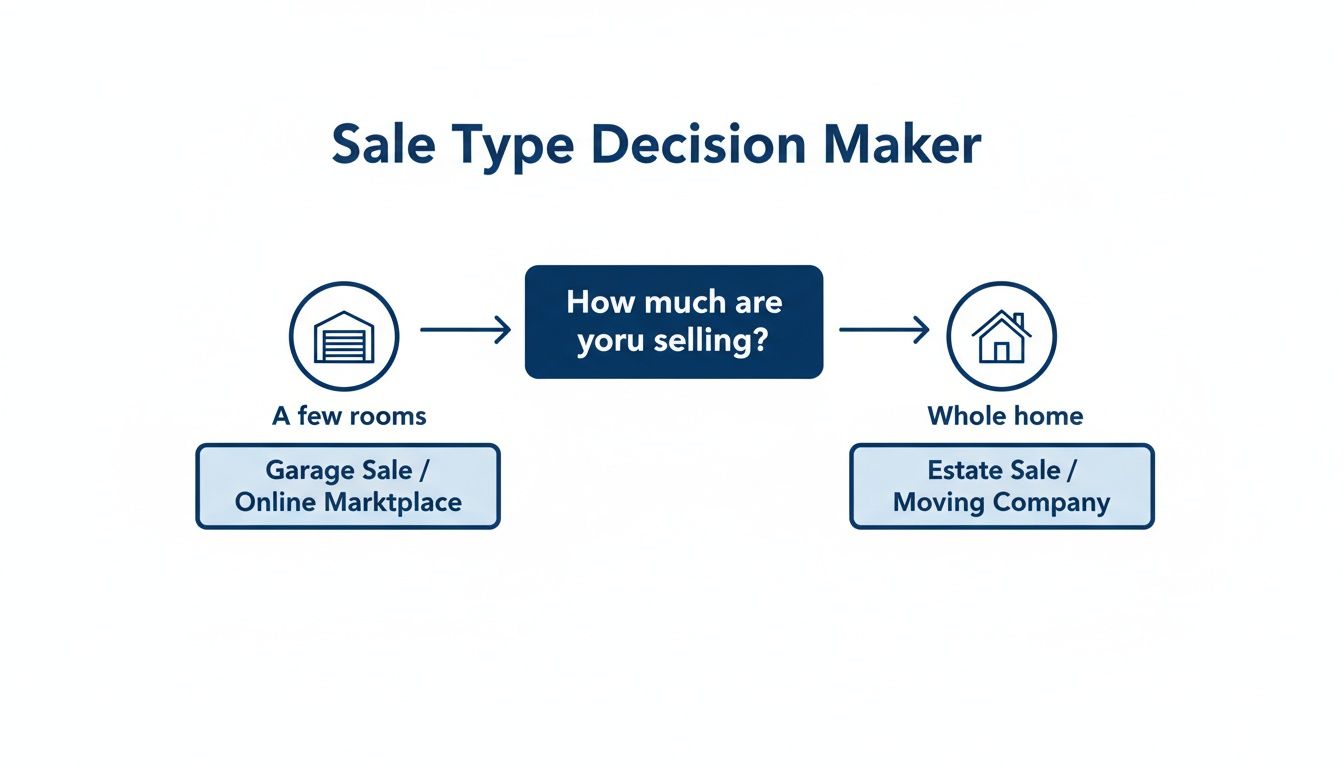 Flowchart showing decision maker for sale type: garage sale for a few rooms, estate sale for a whole home.