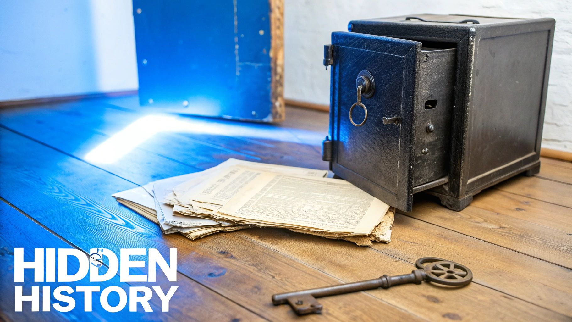 An antique open safe with old papers and a key on a wooden floor.