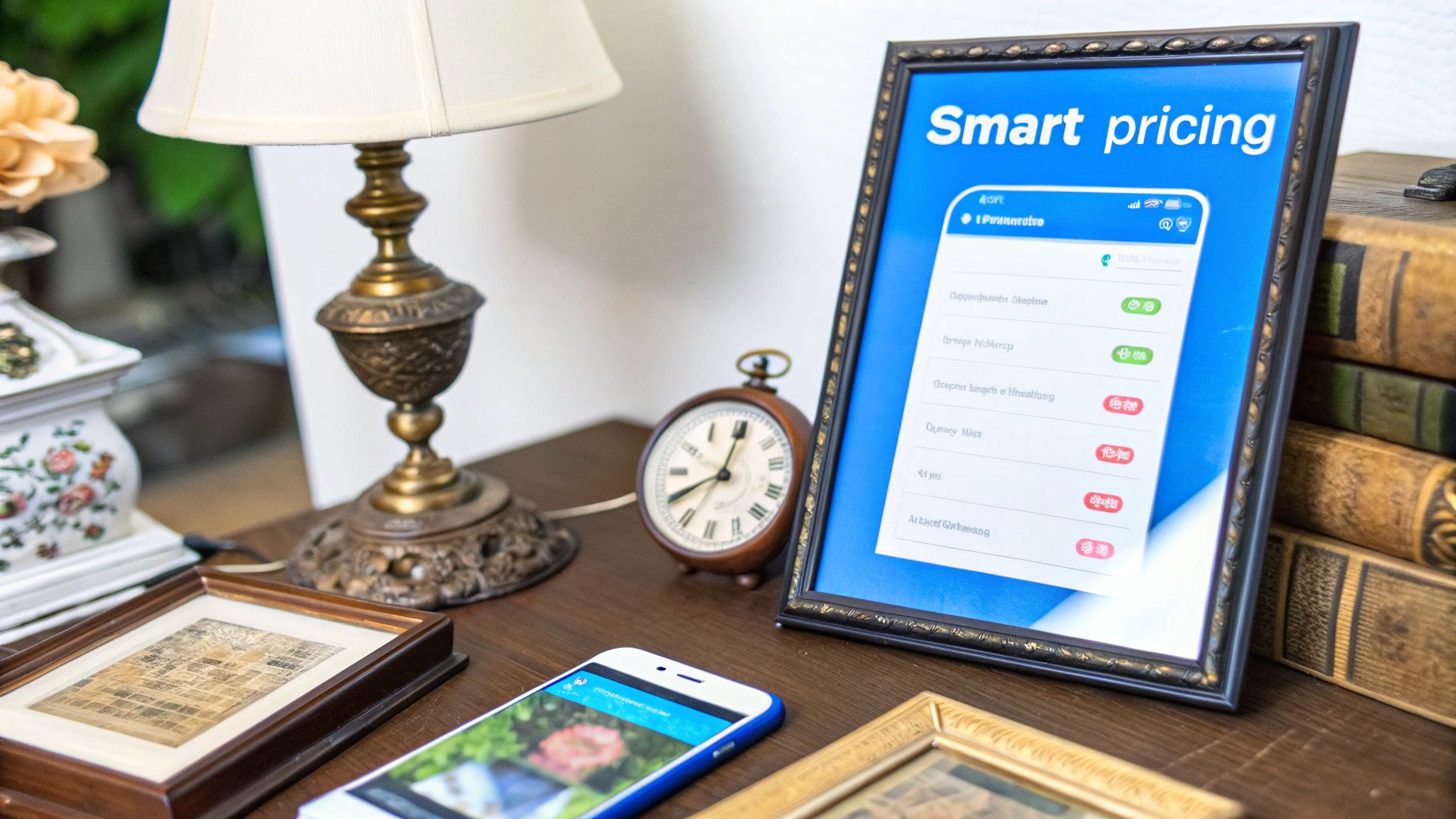 A desk with a lamp, smartphone, antique clock, and a framed 'Smart pricing' sign.