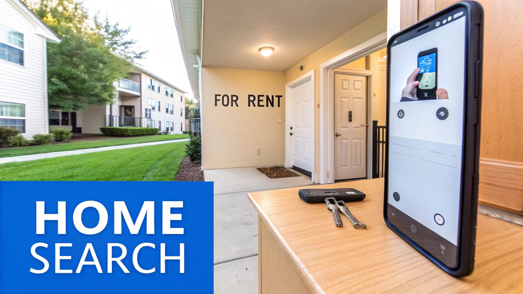 An apartment building with a 'FOR RENT' sign, a smartphone showing a smart home device, and keys, overlaid with 'HOME SEARCH'.