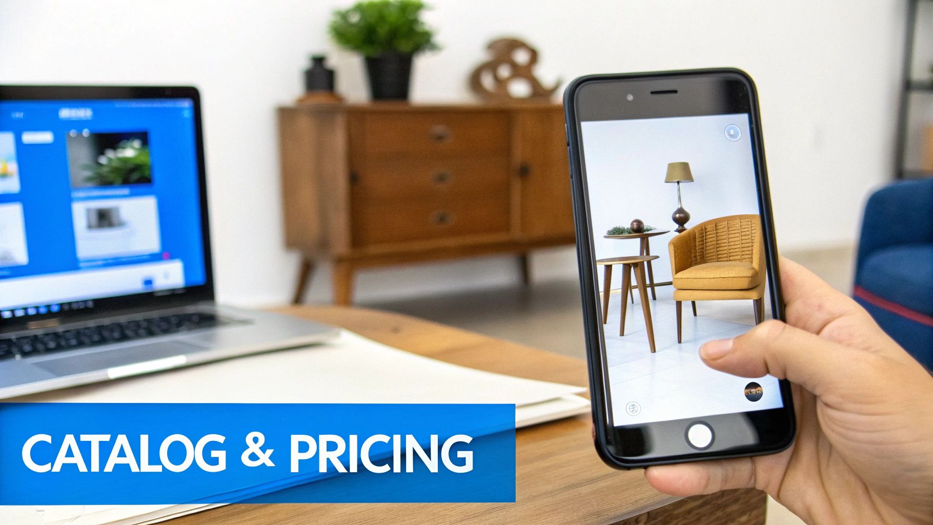 Hand holding a smartphone displaying a furniture item, with a laptop showing a digital product catalog.