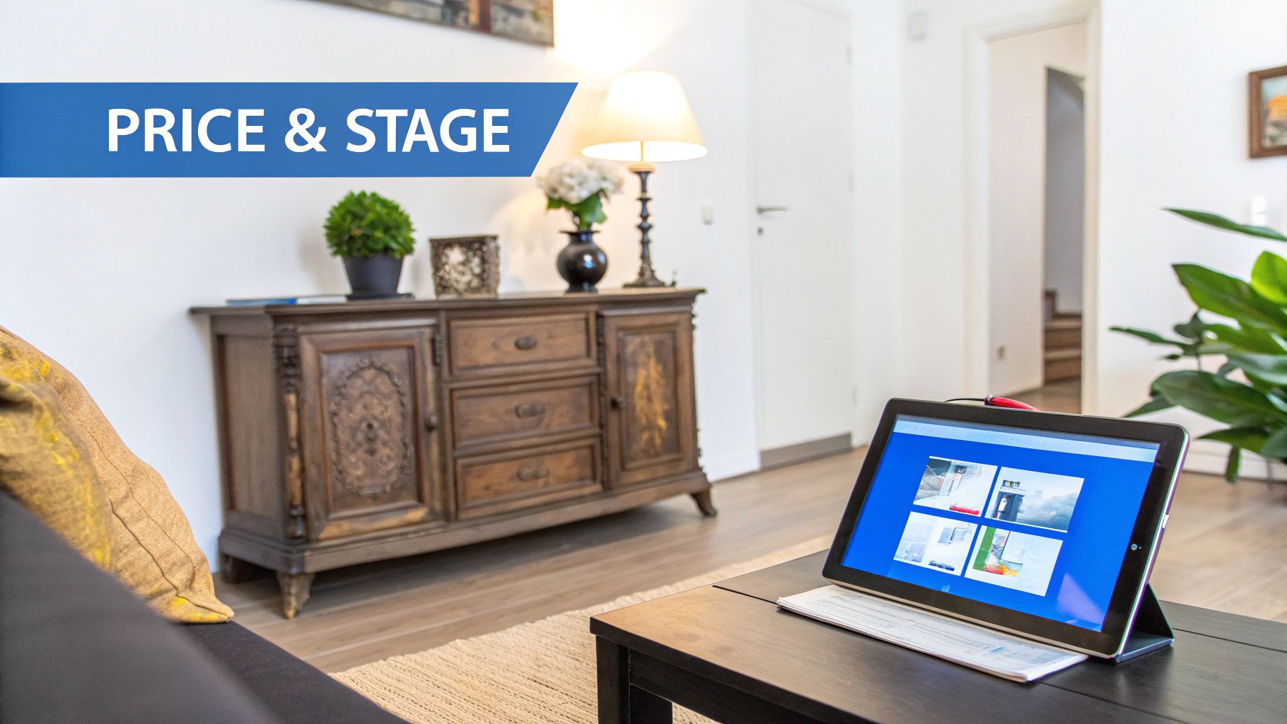 A staged living room featuring a tablet displaying real estate properties, a wooden cabinet, and a 'PRICE & STAGE' banner.
