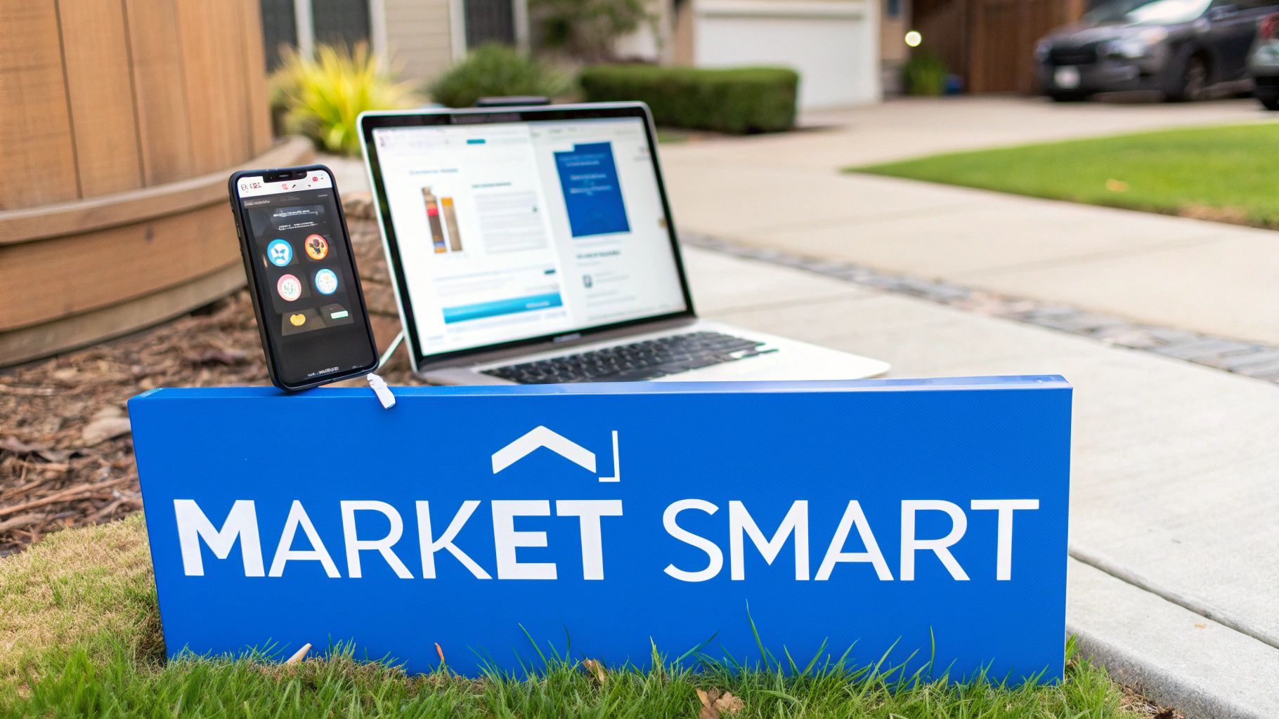 A blue 'MARKET SMART' sign stands in grass with a smartphone and laptop displaying real estate information.