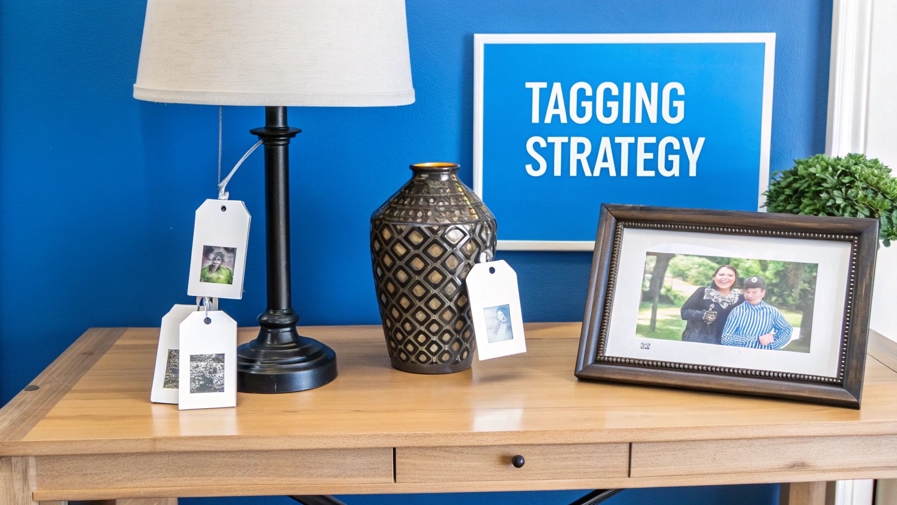 A person attaching a price tag to a vintage item at an estate sale