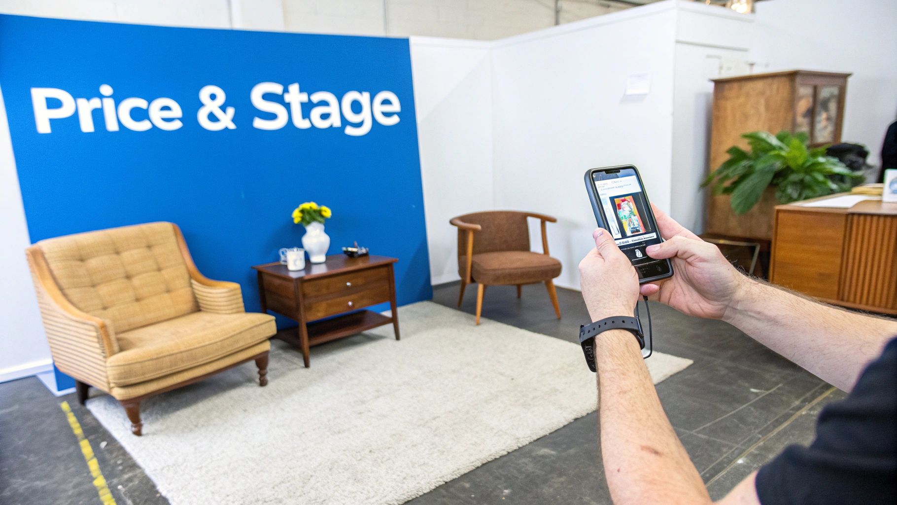 A well-staged room with price tags on furniture for an estate sale