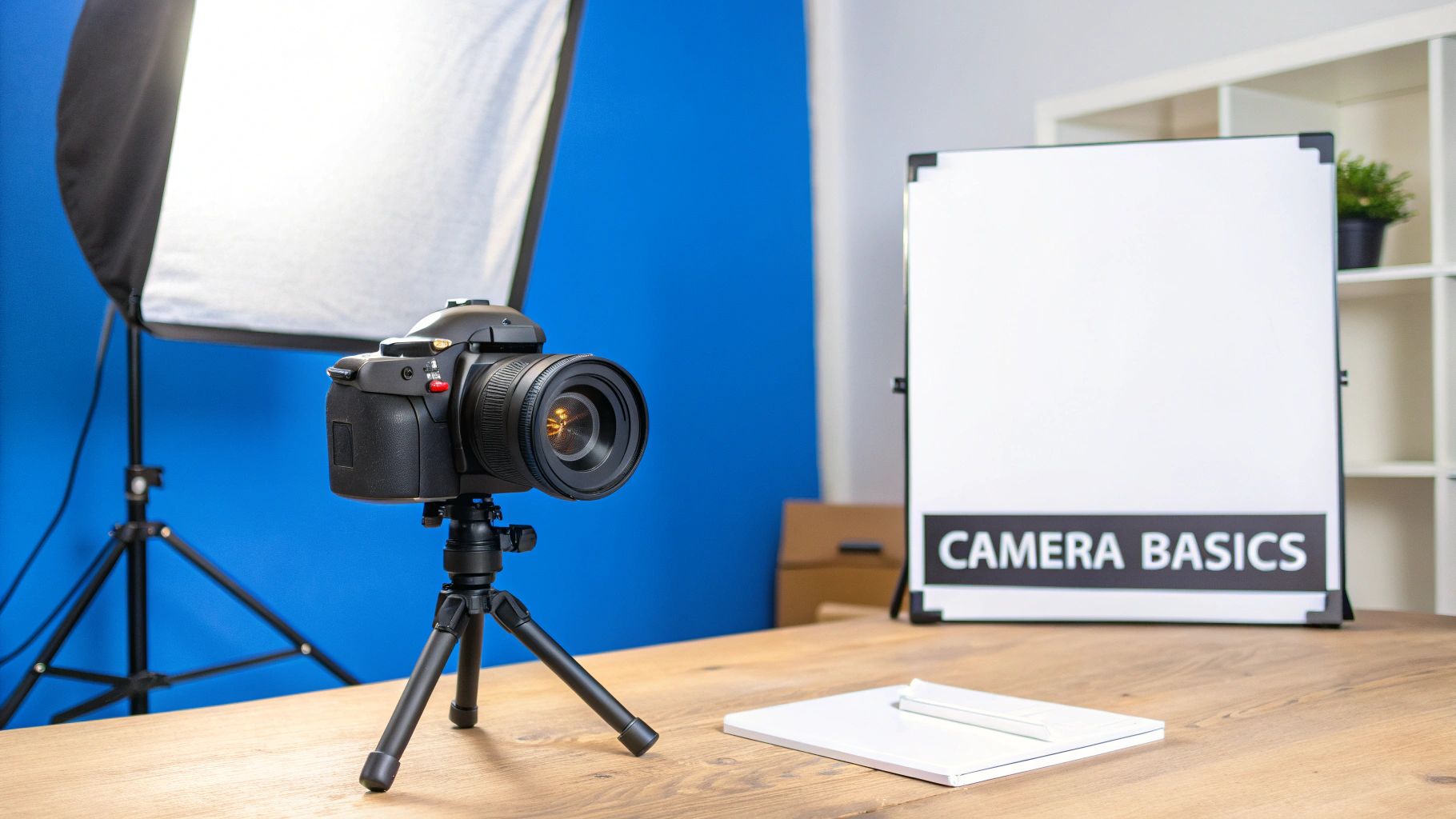 A person's hands adjusting a professional camera on a tripod, with a well-lit product in the background.