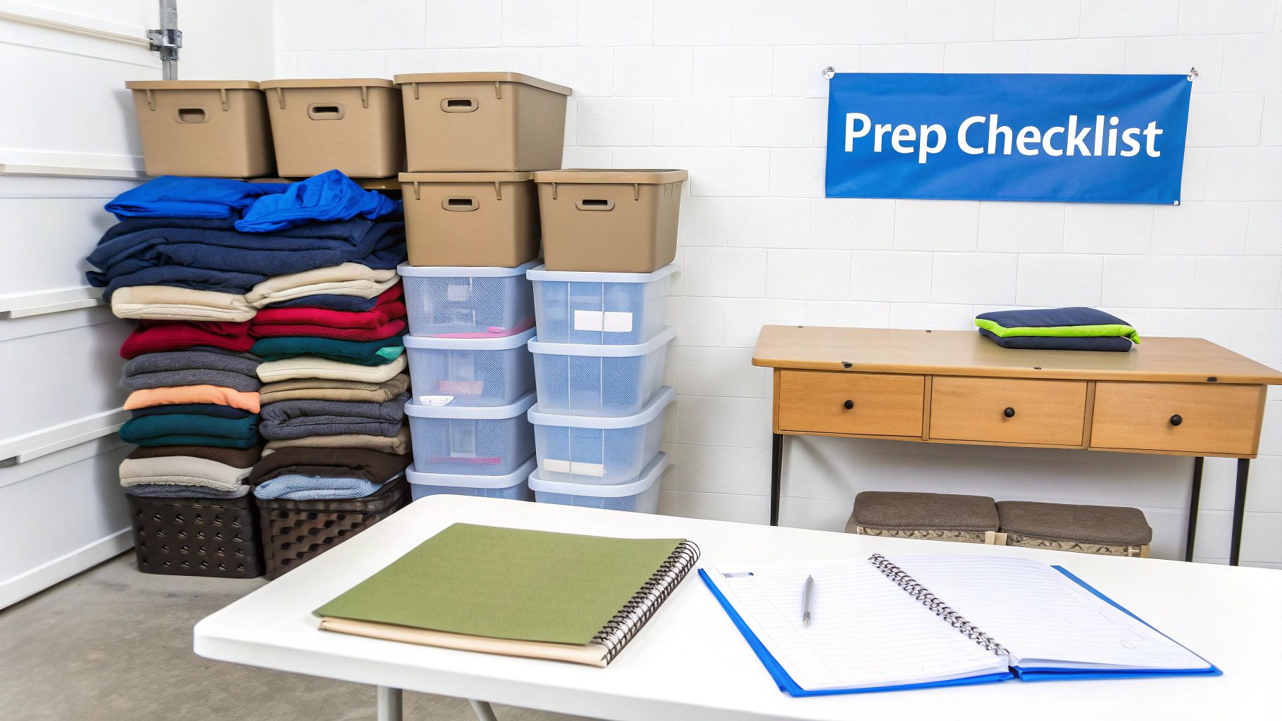 An organized garage with stacks of clothes, various storage bins, and a 'Prep Checklist' banner.