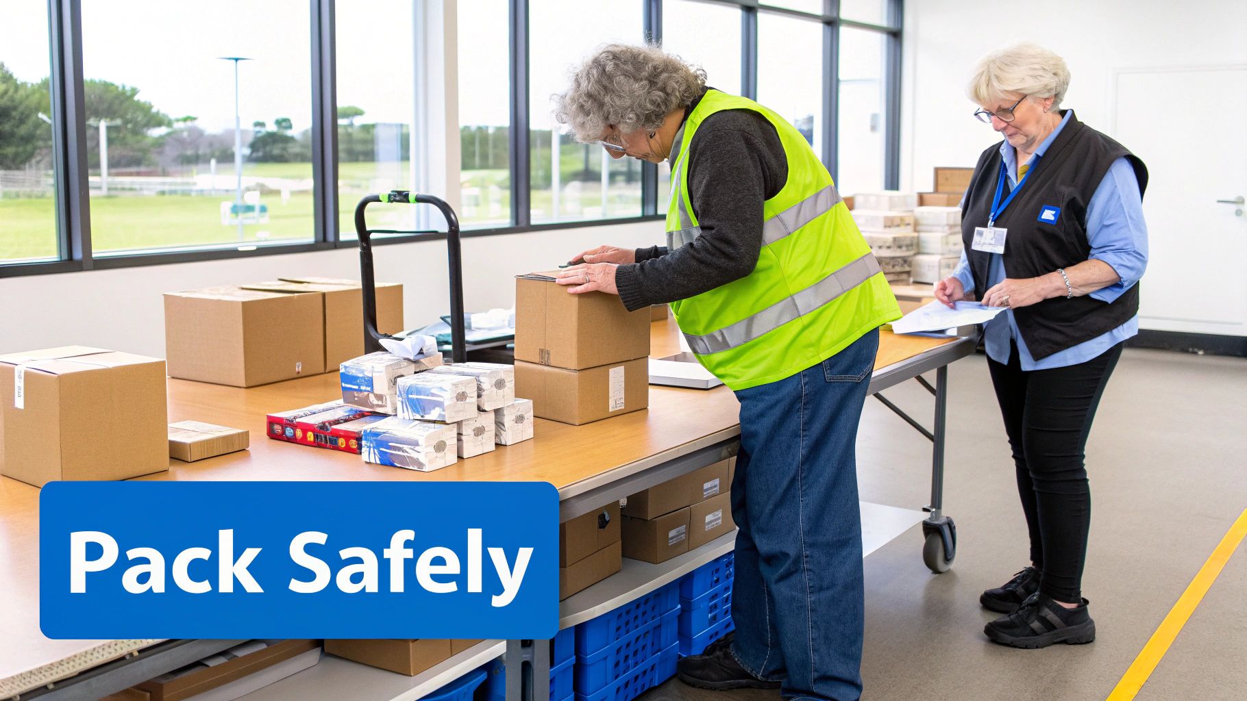 Two senior women are carefully packing cardboard boxes on a table in a bright warehouse setting.
