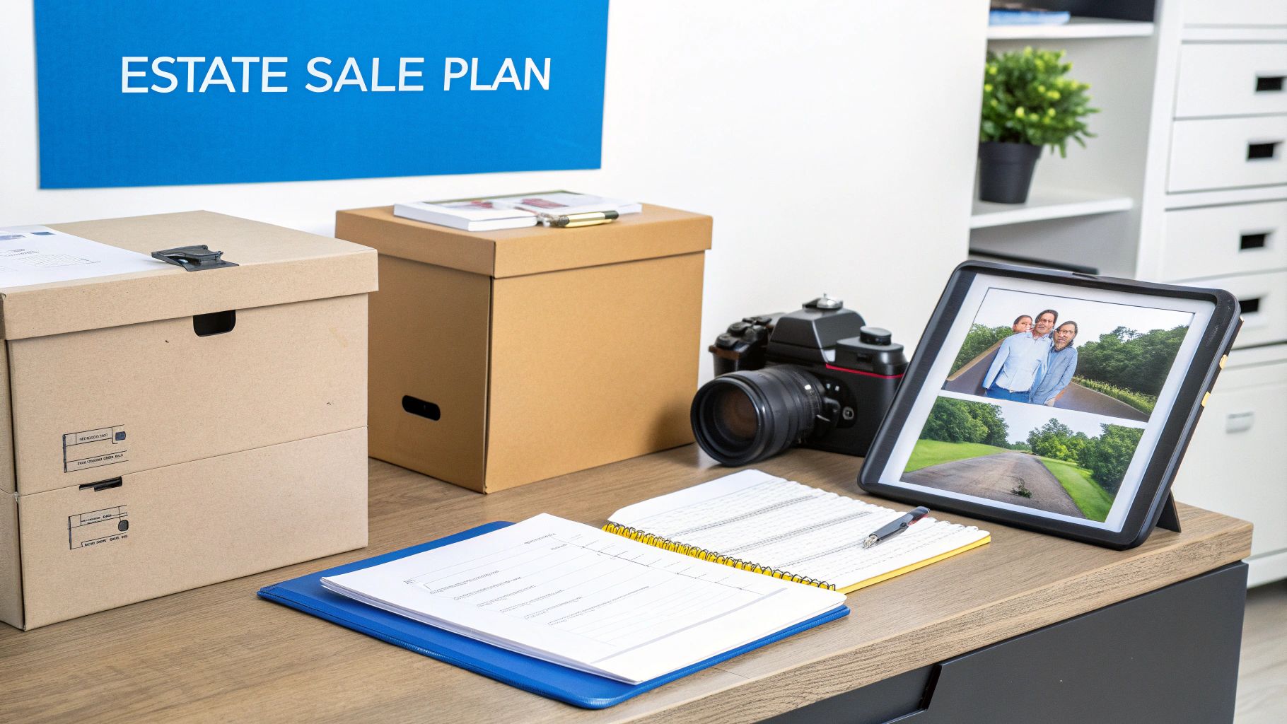 A well-organized living room set up for an estate sale, with items neatly displayed.