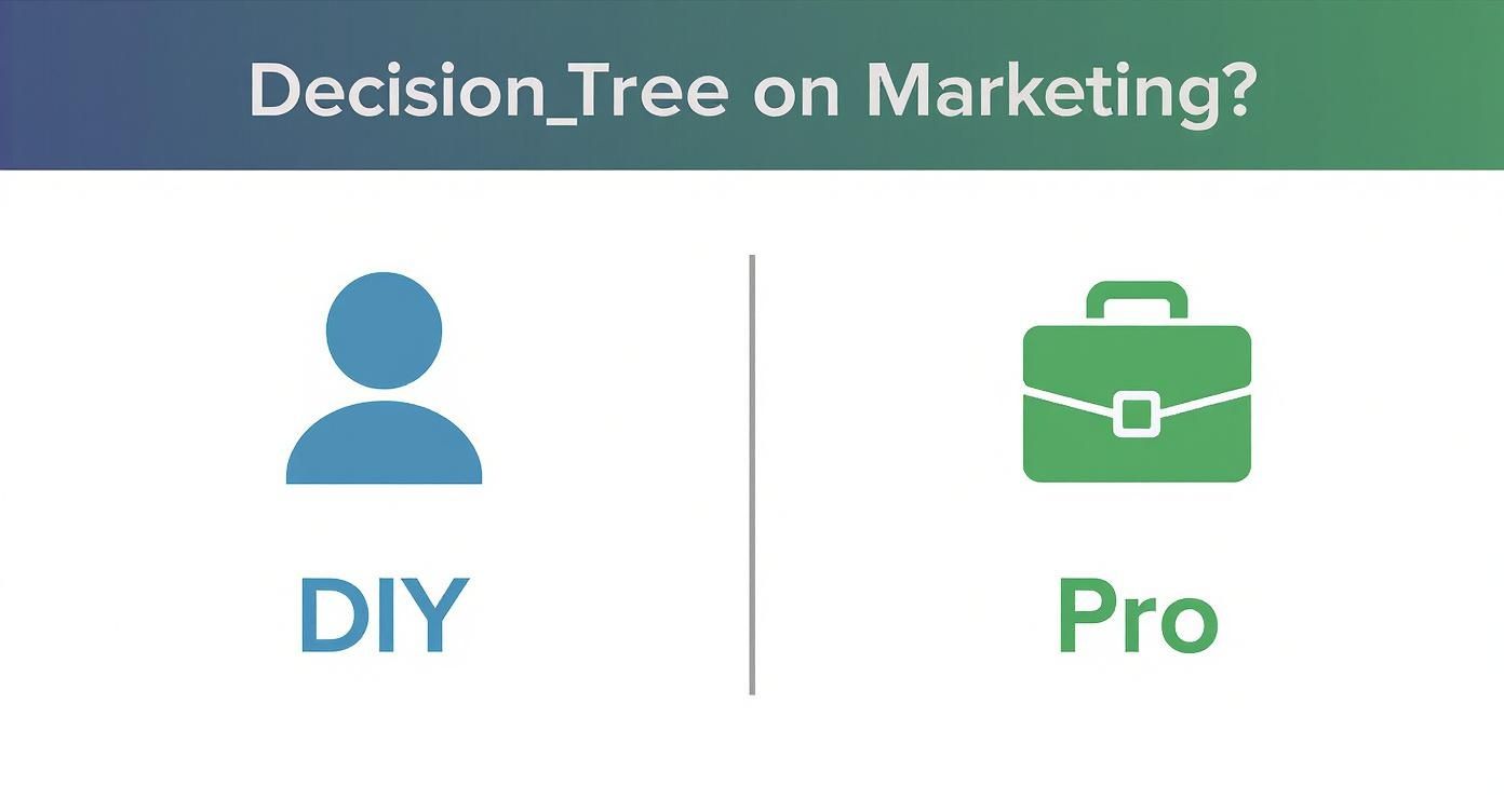 Decision tree on marketing asking whether to choose DIY or professional services, represented by a person and a briefcase icon.