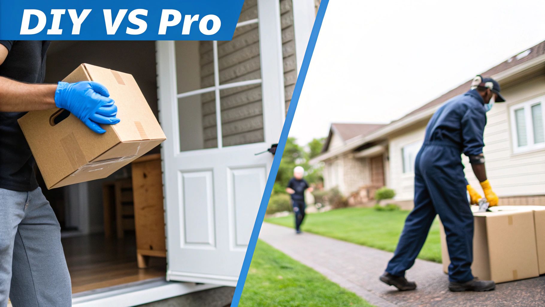 Split image compares DIY home moving with a person carrying a box versus a professional mover.