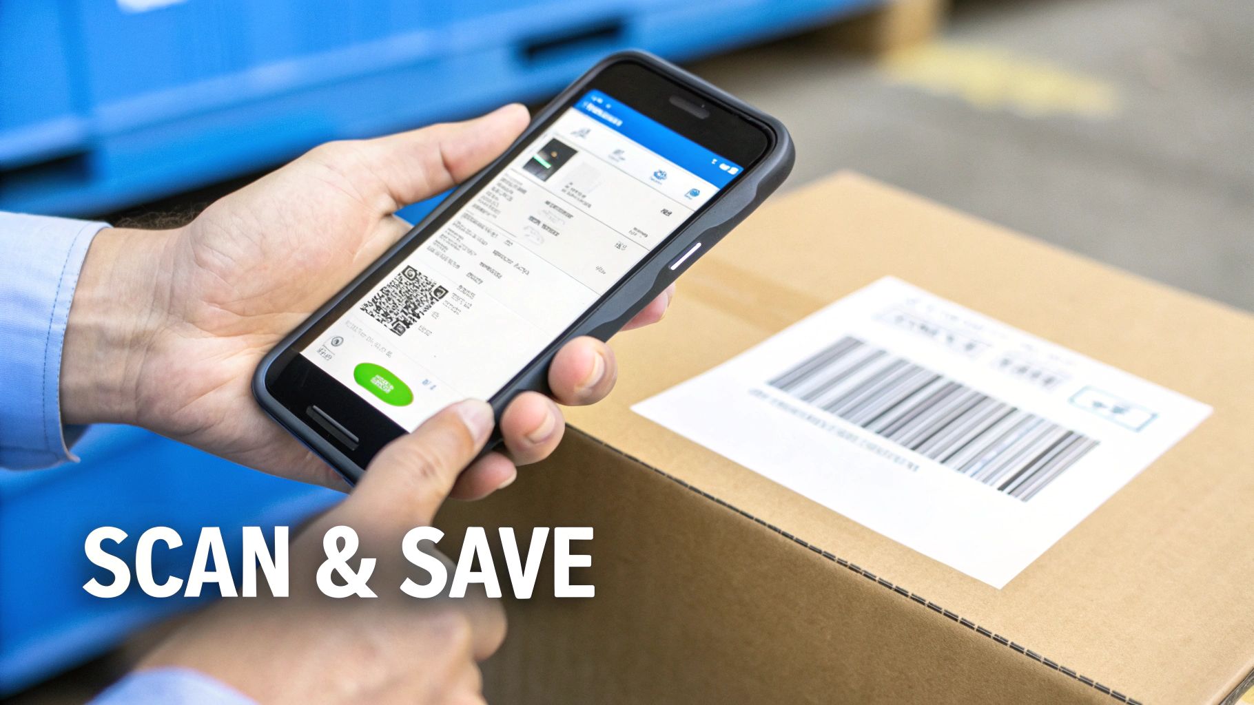 A person’s hands using a smartphone to photograph a receipt next to a laptop displaying home inventory software.