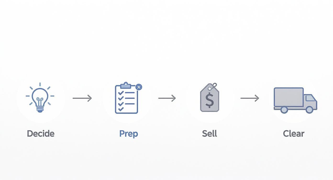 A four-step process flowchart for estate sales: Decide, Prep, Sell, and Clear items.