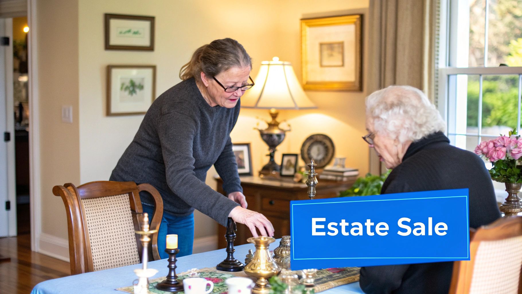 An estate sale in progress, showing tagged furniture and household items organized for buyers in a home setting.